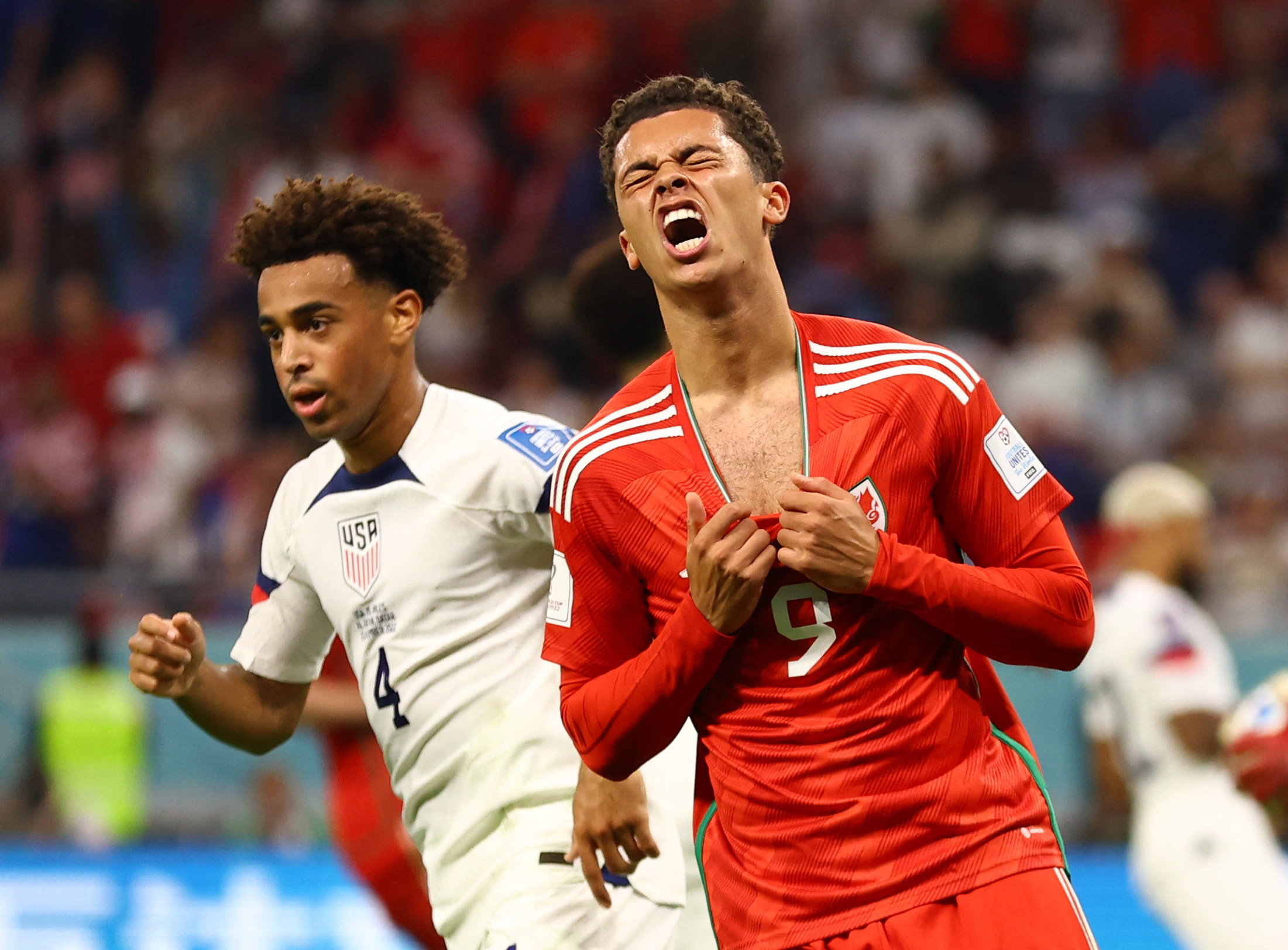 Wales' Brennan Johnson reacts after missing a chance to score