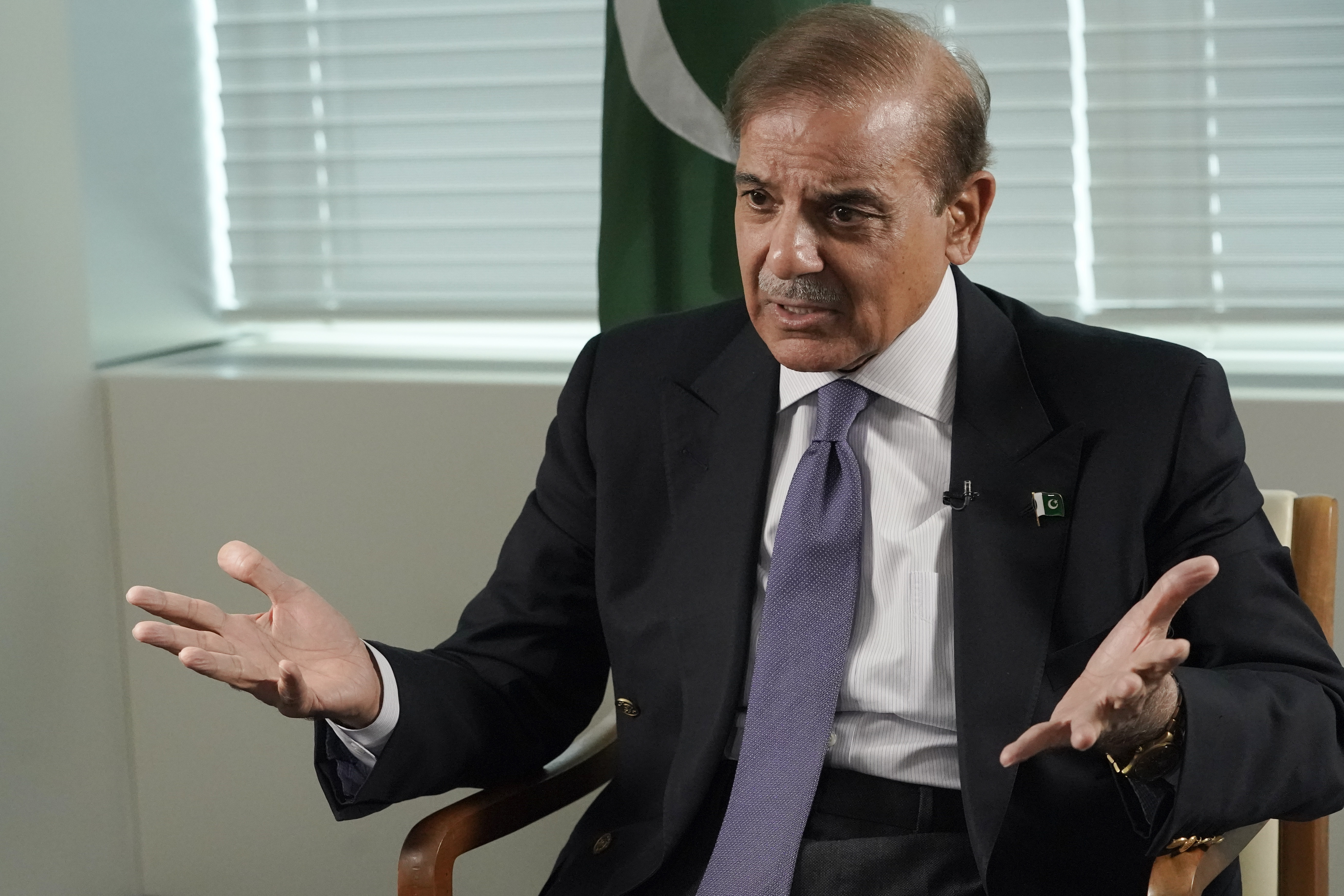 Prime Minister of Pakistan Shehbaz Sharif speaks during an interview