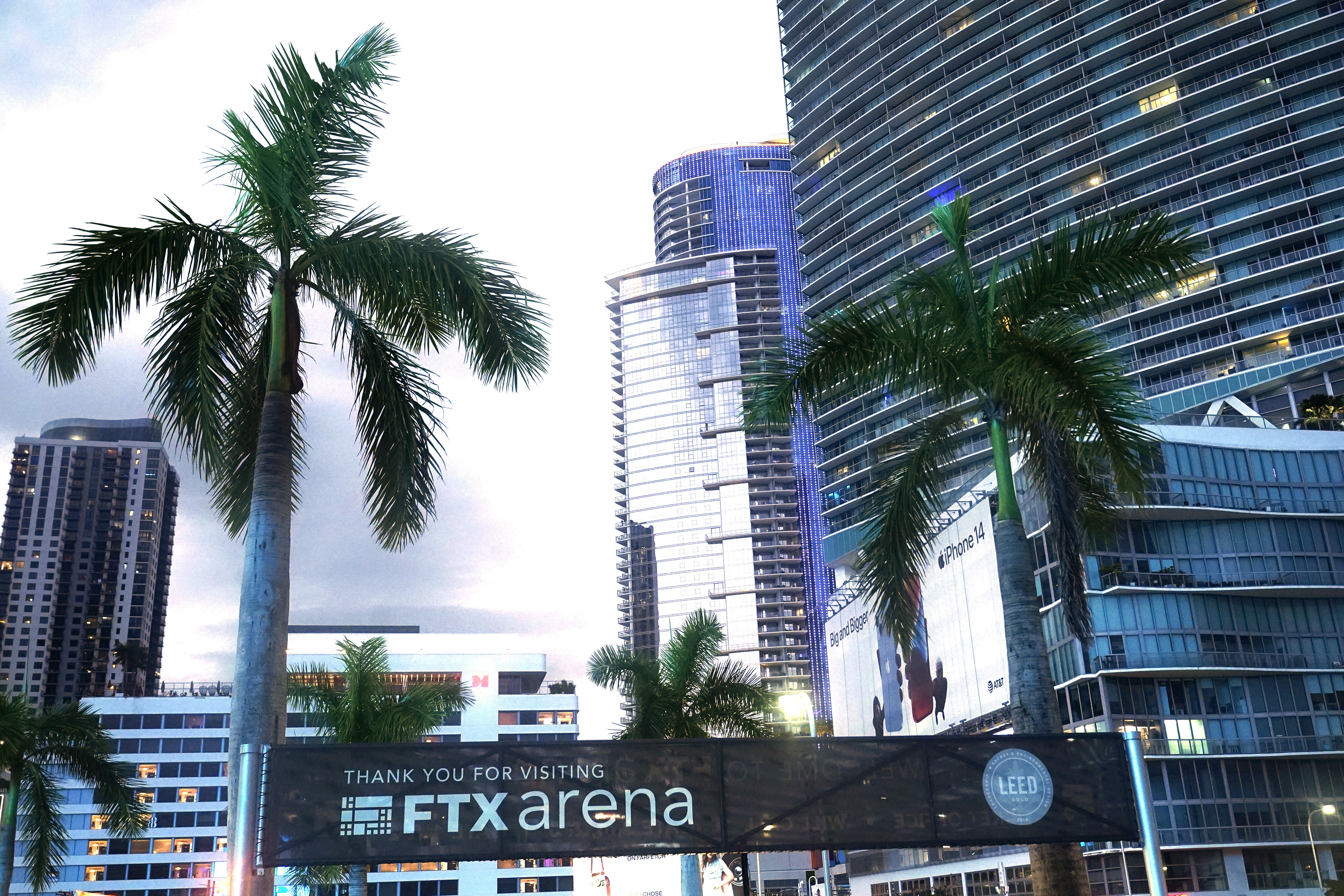 Signage for the FTX Arena, where the Miami Heat basketball team plays, is visible
