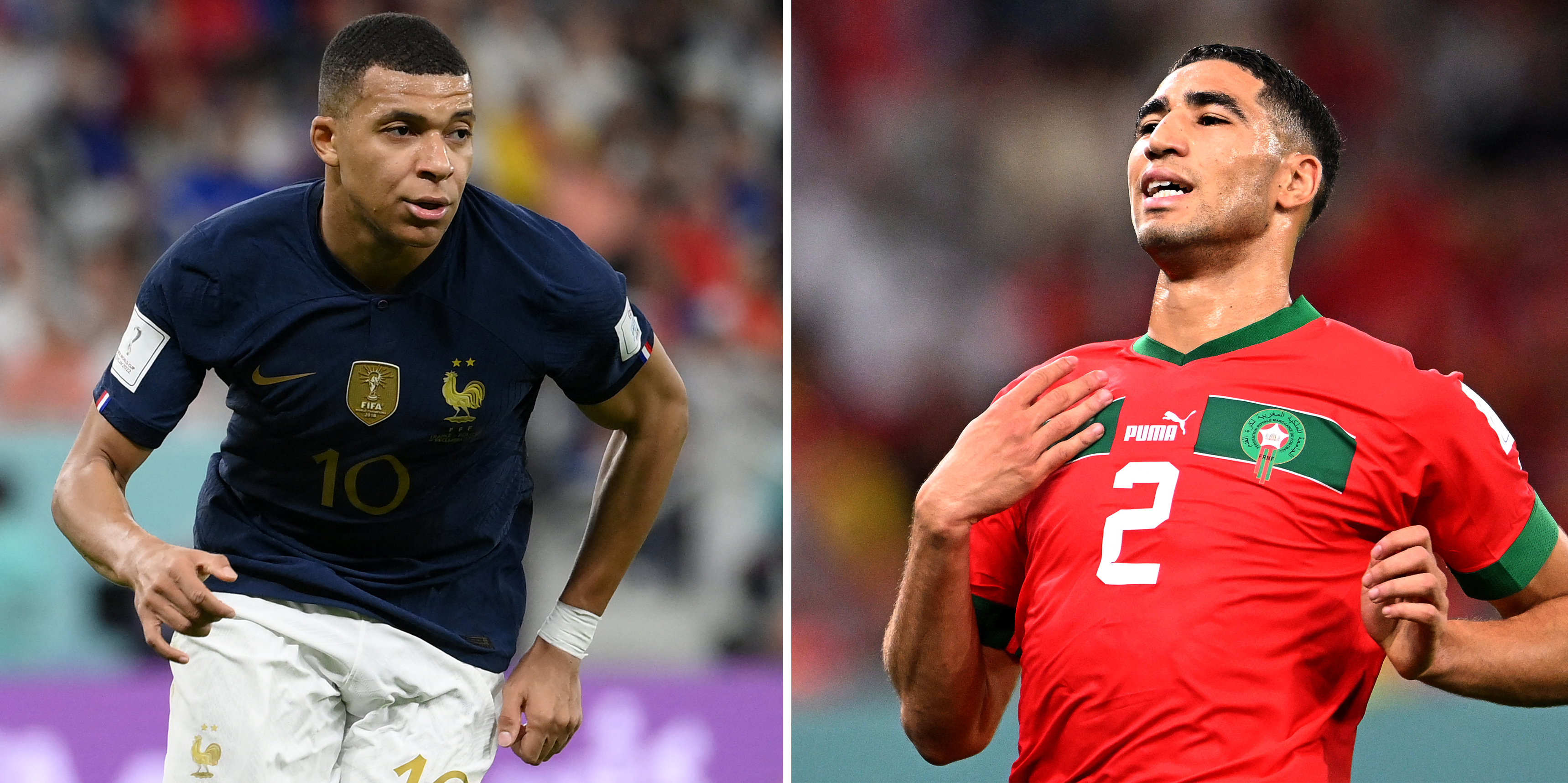 France's forward Kylian Mbappe and Morocco's defender Achraf Hakimi in action in a composite photo of the World Cup 2022 in Qatar.
