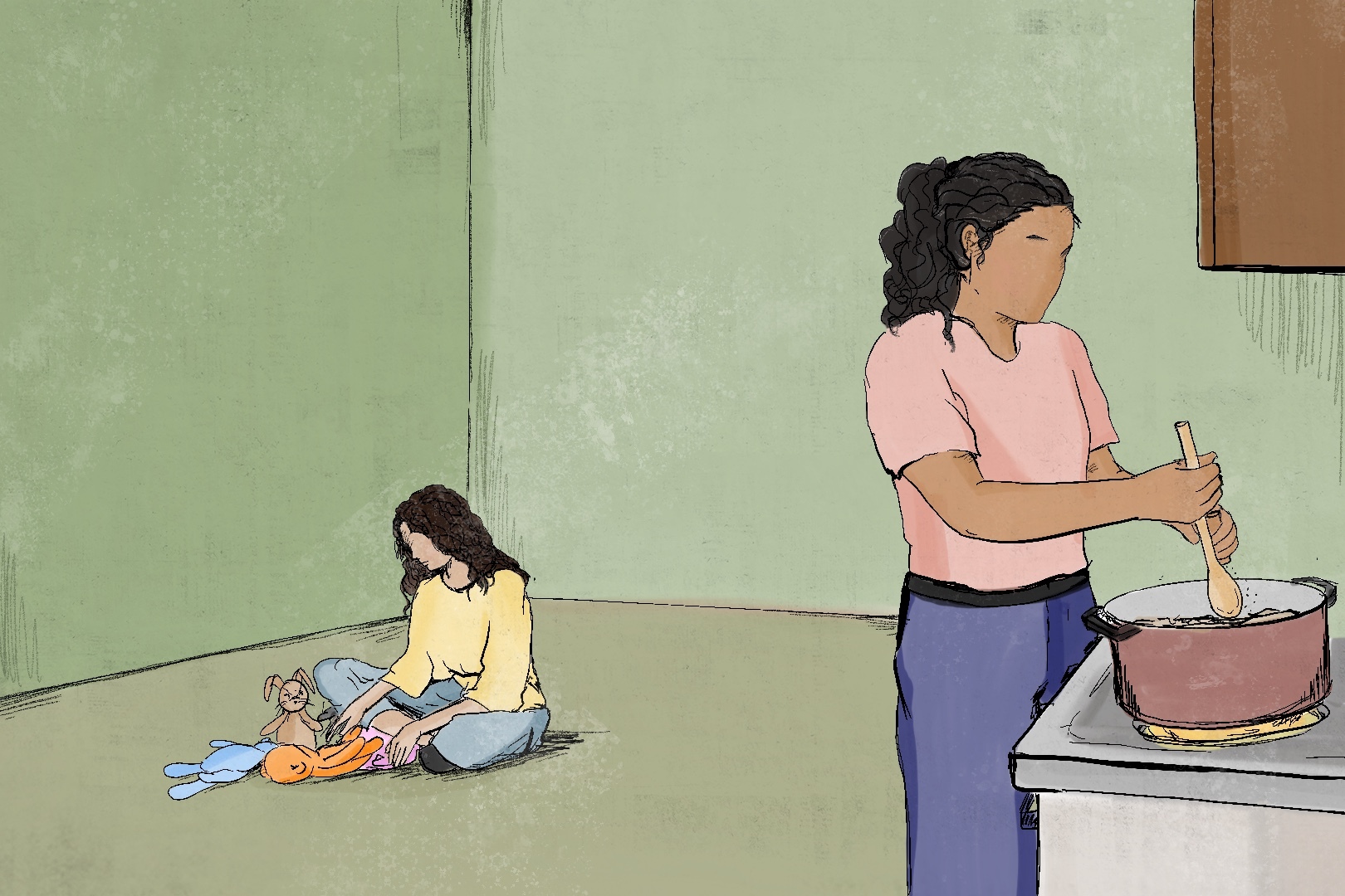 An illustration of a two people far apart from each other in a room, one is sitting on the side next to a wall with some plush toys and one is cooking, on the other side of the room.