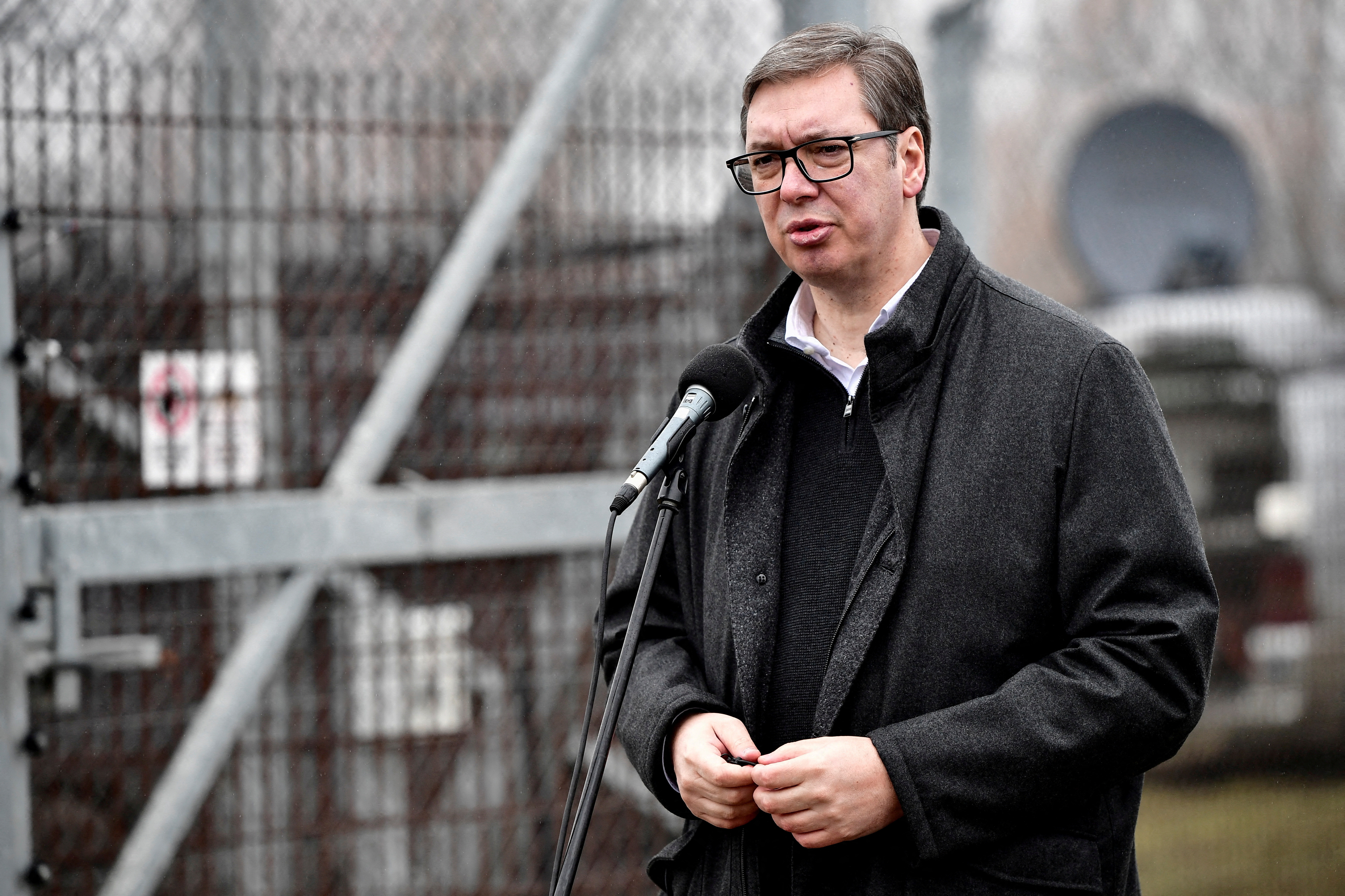FILE PHOTO: Serbia's President Aleksandar Vucic speaks during a joint news conference with former Czech Prime Minister Andrej Babis and Hungary's President Katalin Novak, at the Hungarian-Serbian border barrier near Kelebia, Hungary, December 15, 2022. REUTERS/Marton Monus/File Photo
