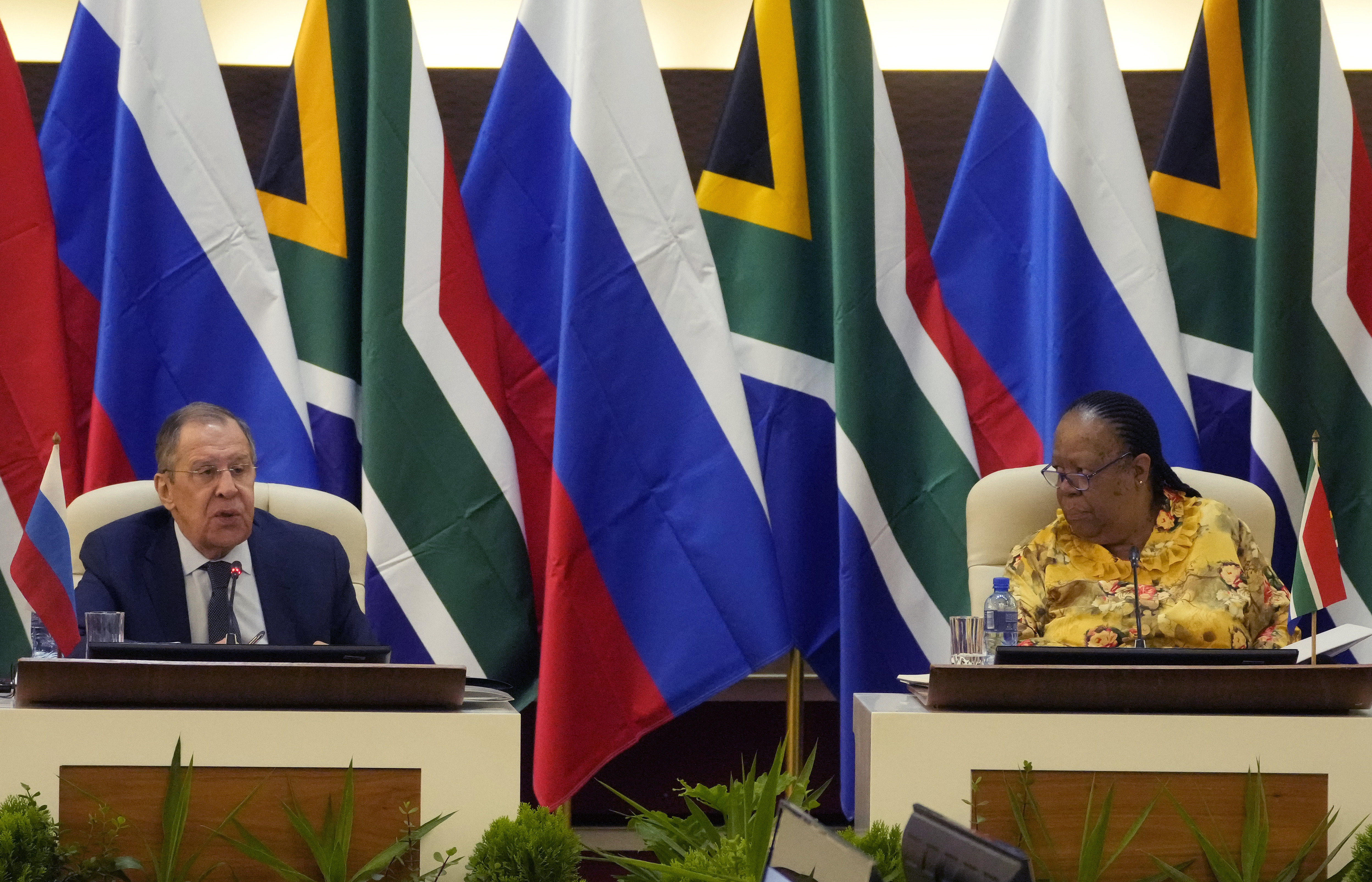 Russia's Foreign Minister Sergey Lavrov, left, speaks as his South Africa's counterpart in Naledi Pandor listens, during their opining remarks of their meeting in Pretoria, South Africa, Monday, Jan. 23, 2023 [Themba Hadebe/AP Photo]