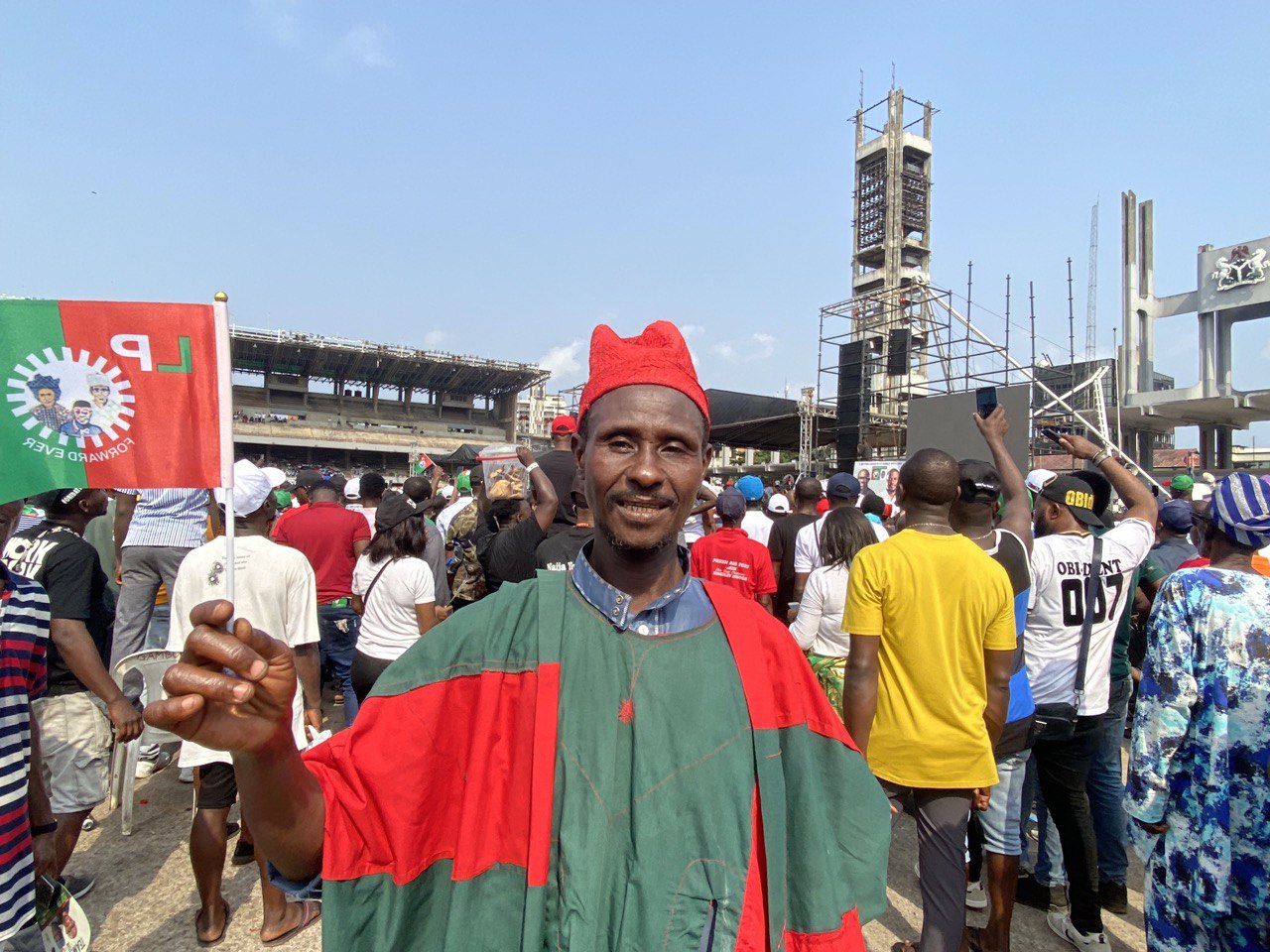 Alhaji Kabiru Zaria, a supporter of the Labour Party, stands at a rally in Lagos on February 11, 2023 [Pelumi Salako/Al Jazeera]