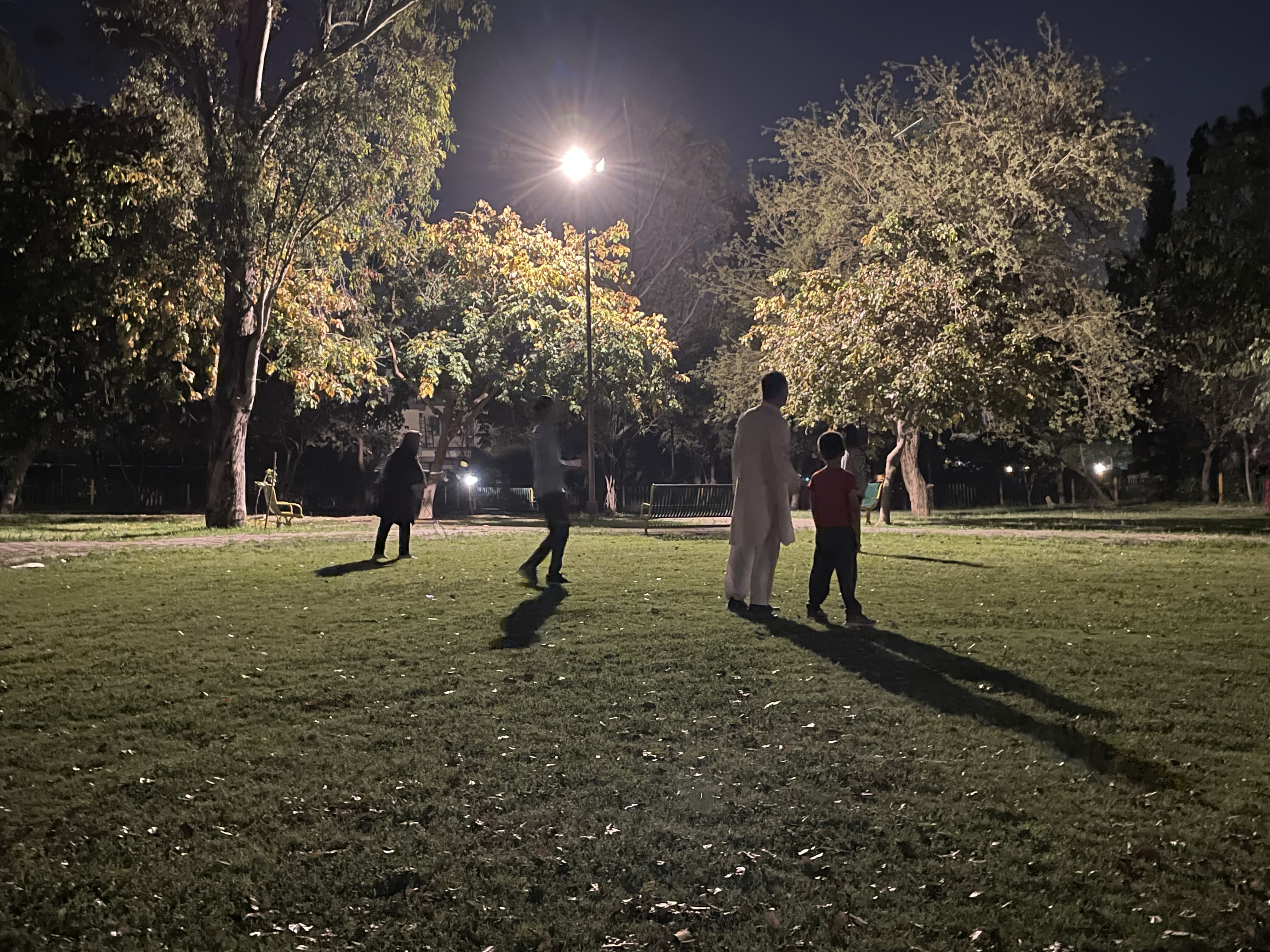 A photo of four people in a park at night.