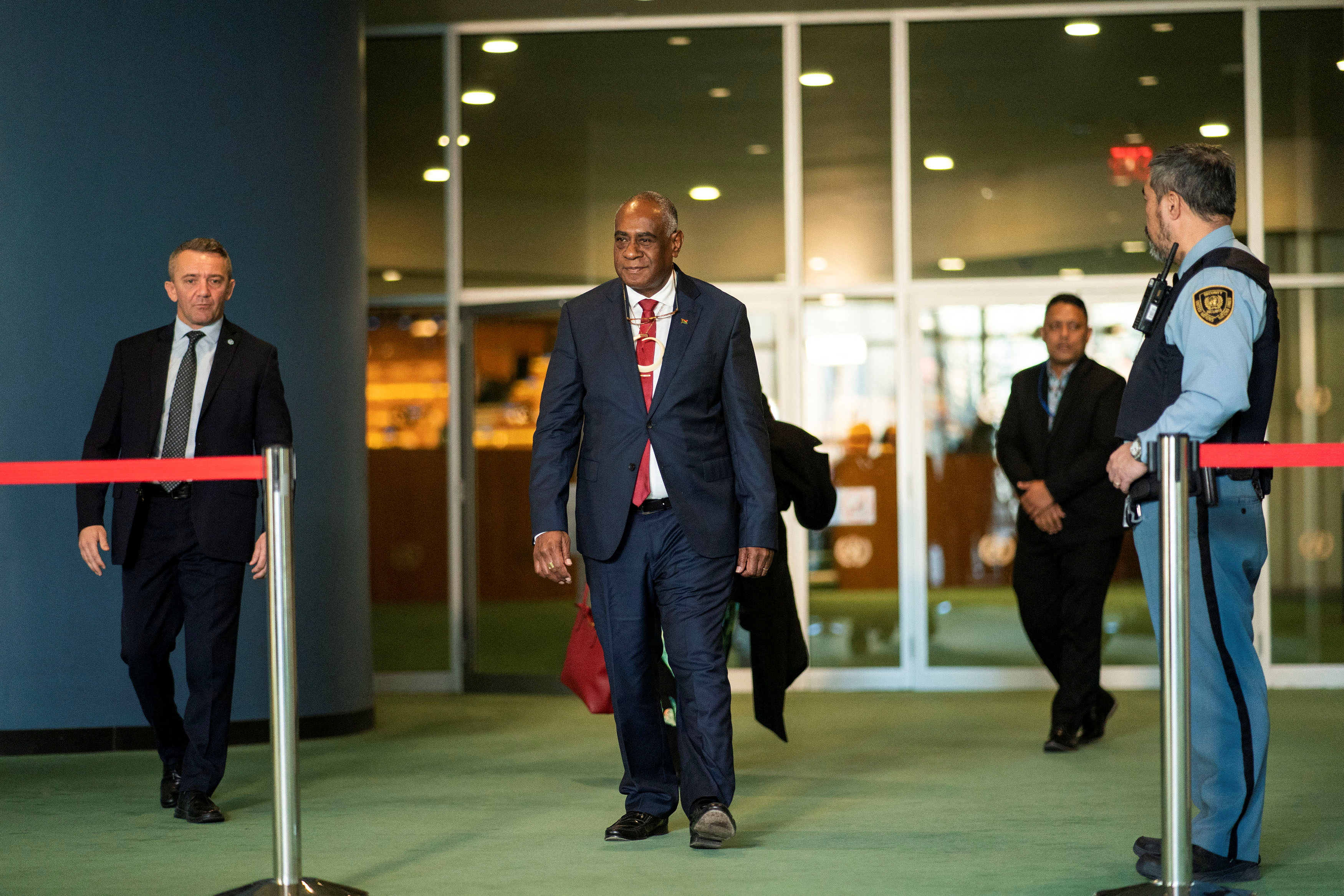 Alatoi Ishmael Kalsakau, Prime Minister of Vanuatu, arrives to give his remarks after addressing to delegates during a general assembly to vote on whether to ask top global court to issue opinion on climate responsibility at United Nations Headquarters in New York City, U.S., March 29, 2023. REUTERS/Eduardo Munoz