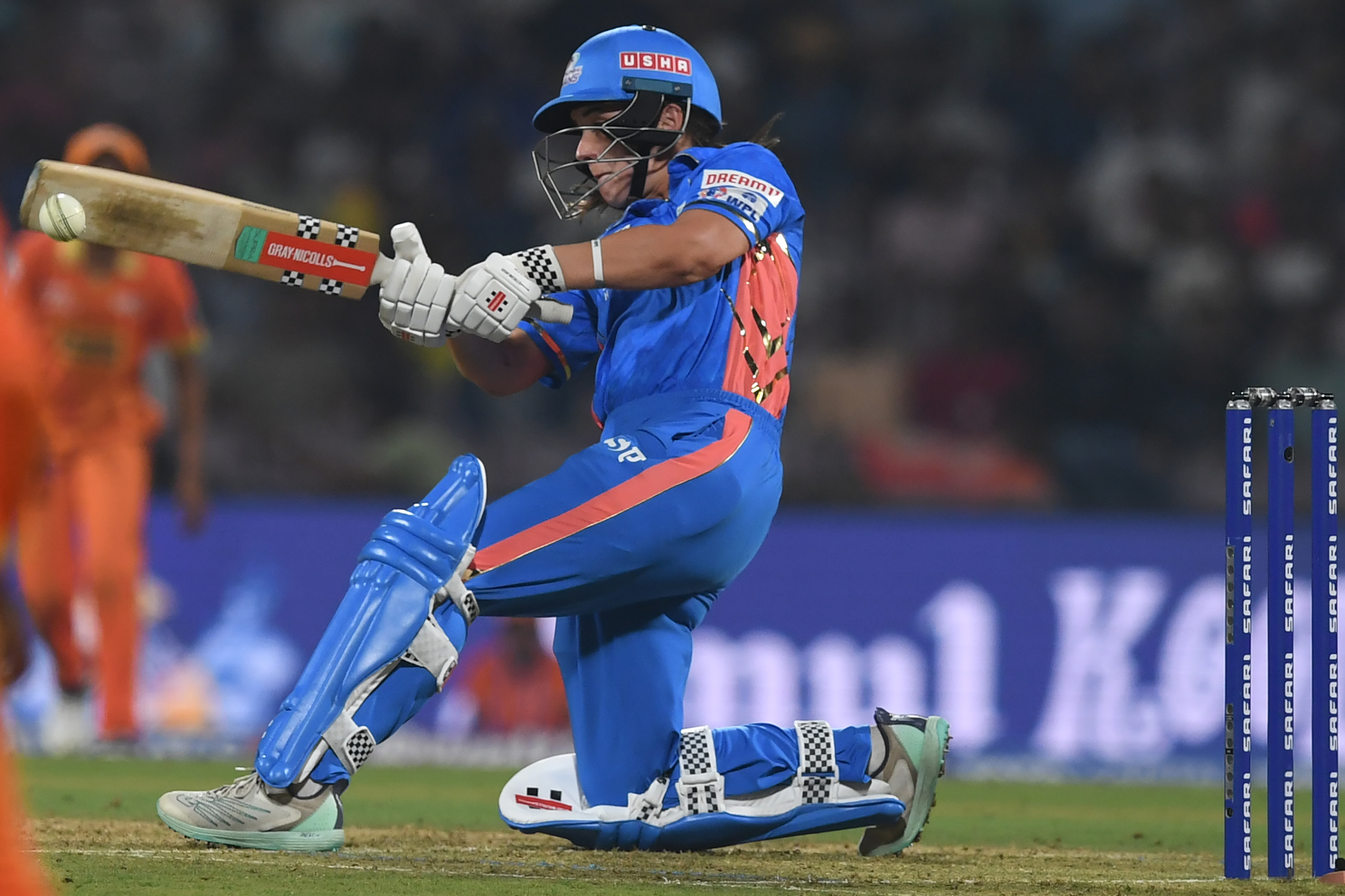 Mumbai Indians' Amelia Kerr plays a shot during the 2023 Women's Premier League (WPL) Twenty20 cricket match between Gujarat Giants and Mumbai Indians