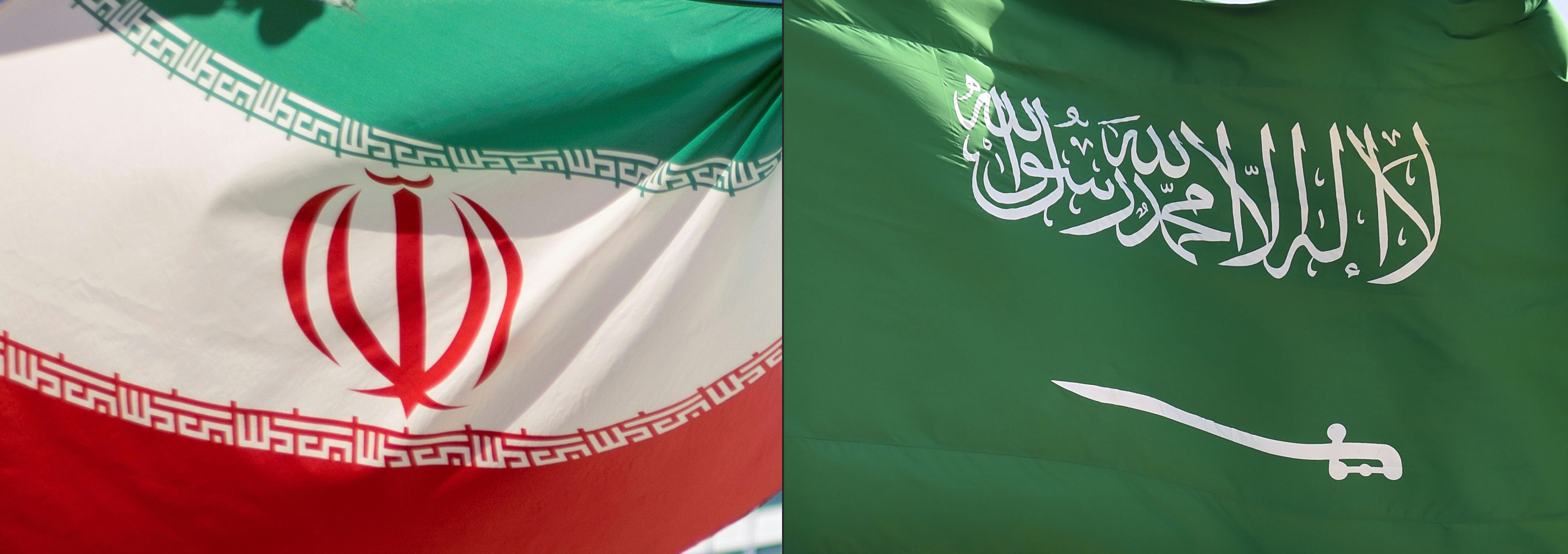 Combination photo of the Iran and Saudi Arabia flags