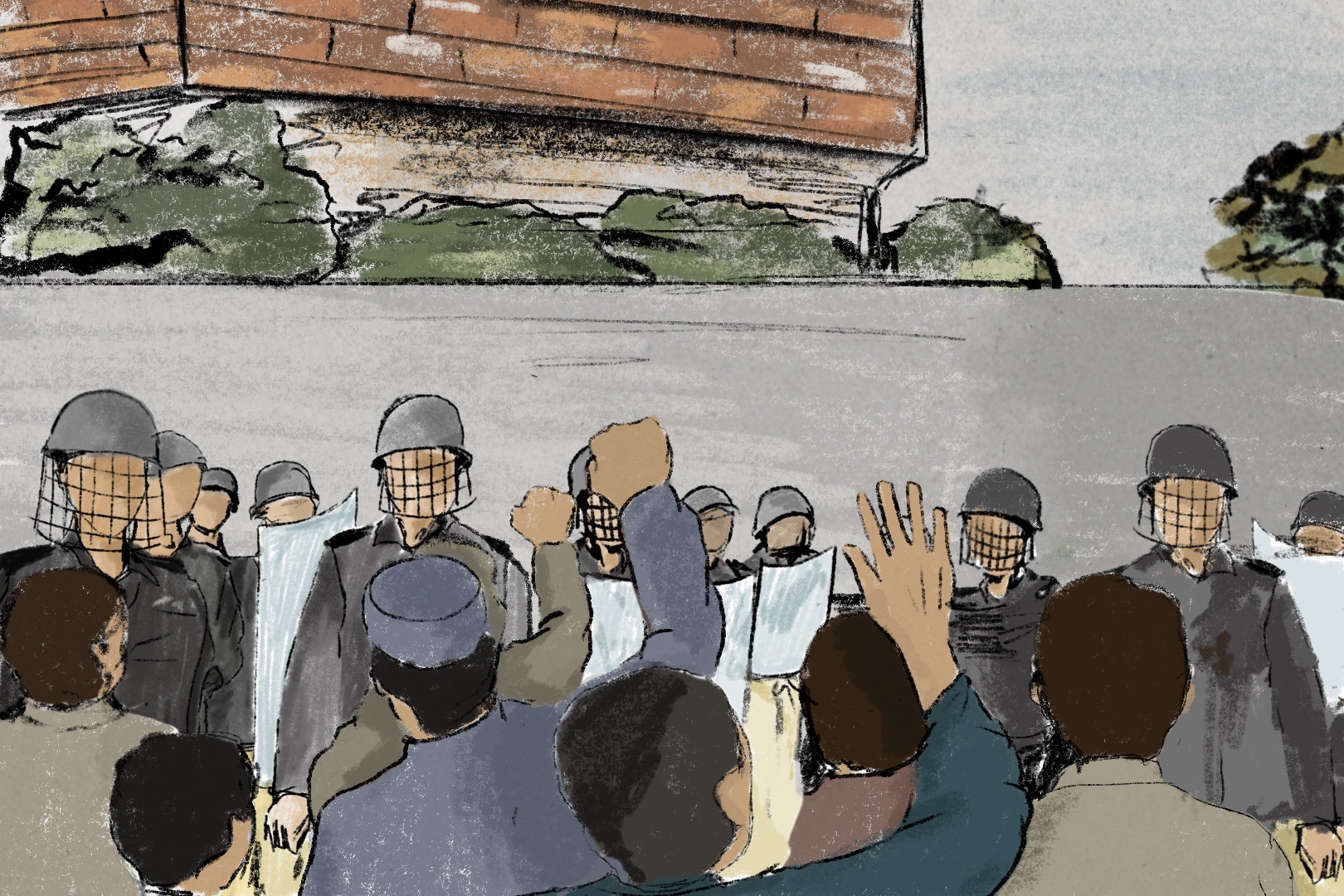 Illustration of men pelting stones