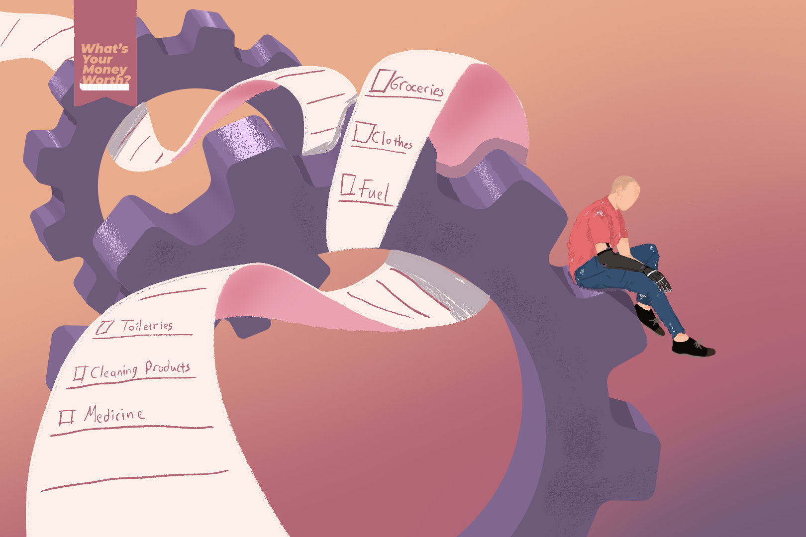 A photo of a very long receipt wrapping around two large floating cogs with a person sitting on one of the cog bumps on the outside.