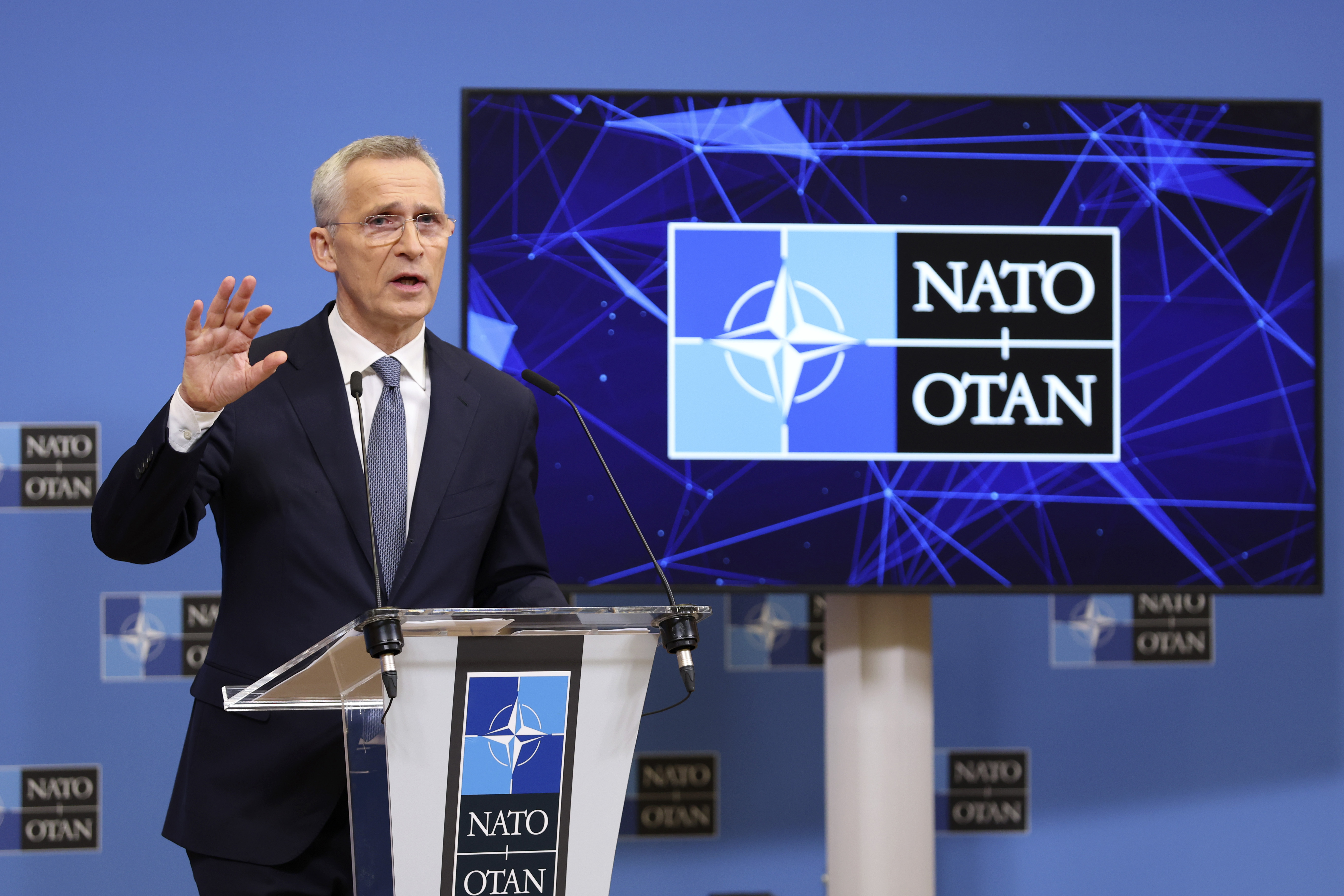NATO Secretary General Jens Stoltenberg speaks during a media conference, ahead of a meeting of NATO foreign ministers, at NATO headquarters in Brussels, Monday, April 3, 2023. (AP Photo/Geert Vanden Wijngaert)