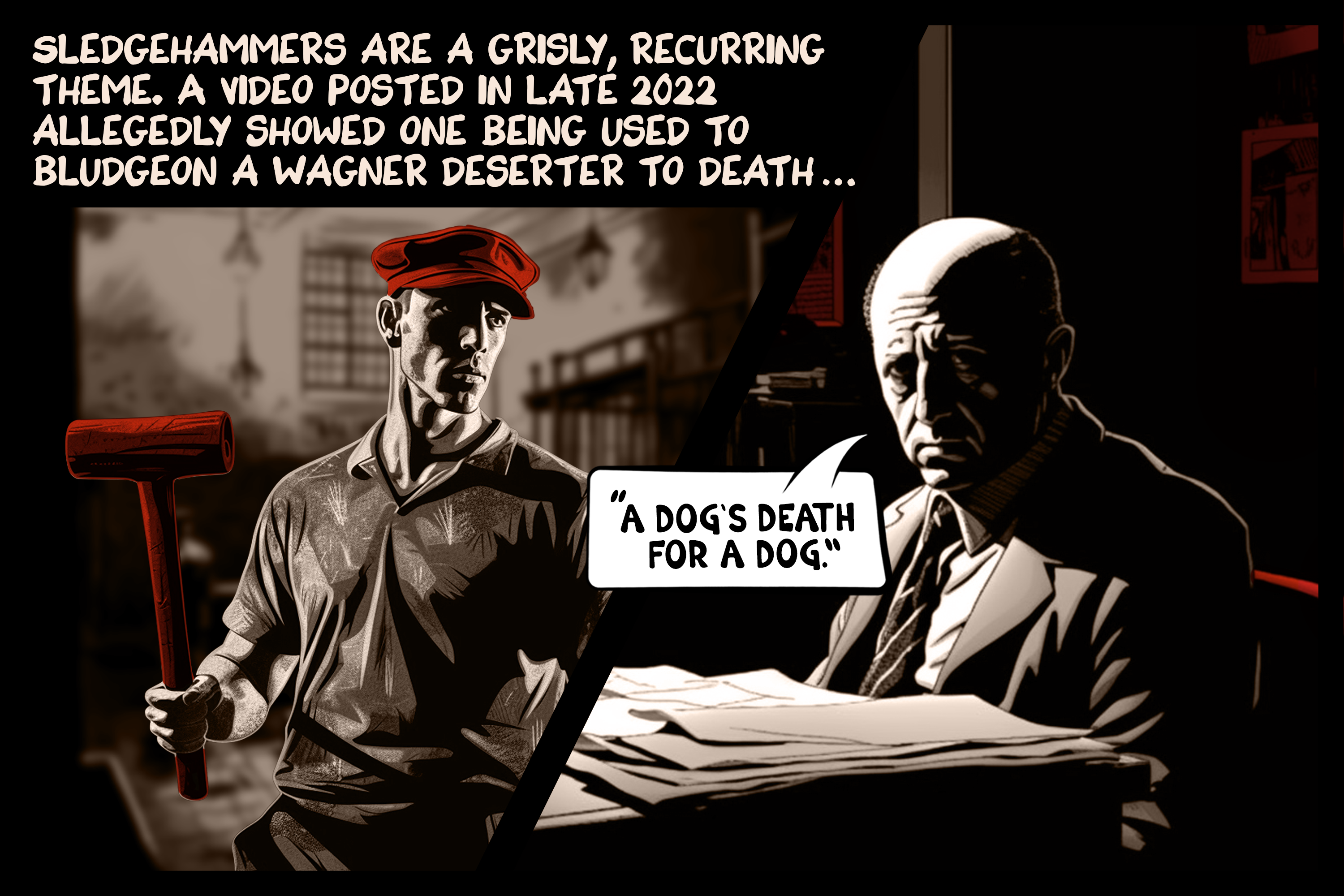 Sledgehammers are a grisly, recurring theme. A video posted in late 2022 allegedly showed one being used to bludgeon a Wagner deserter to death.