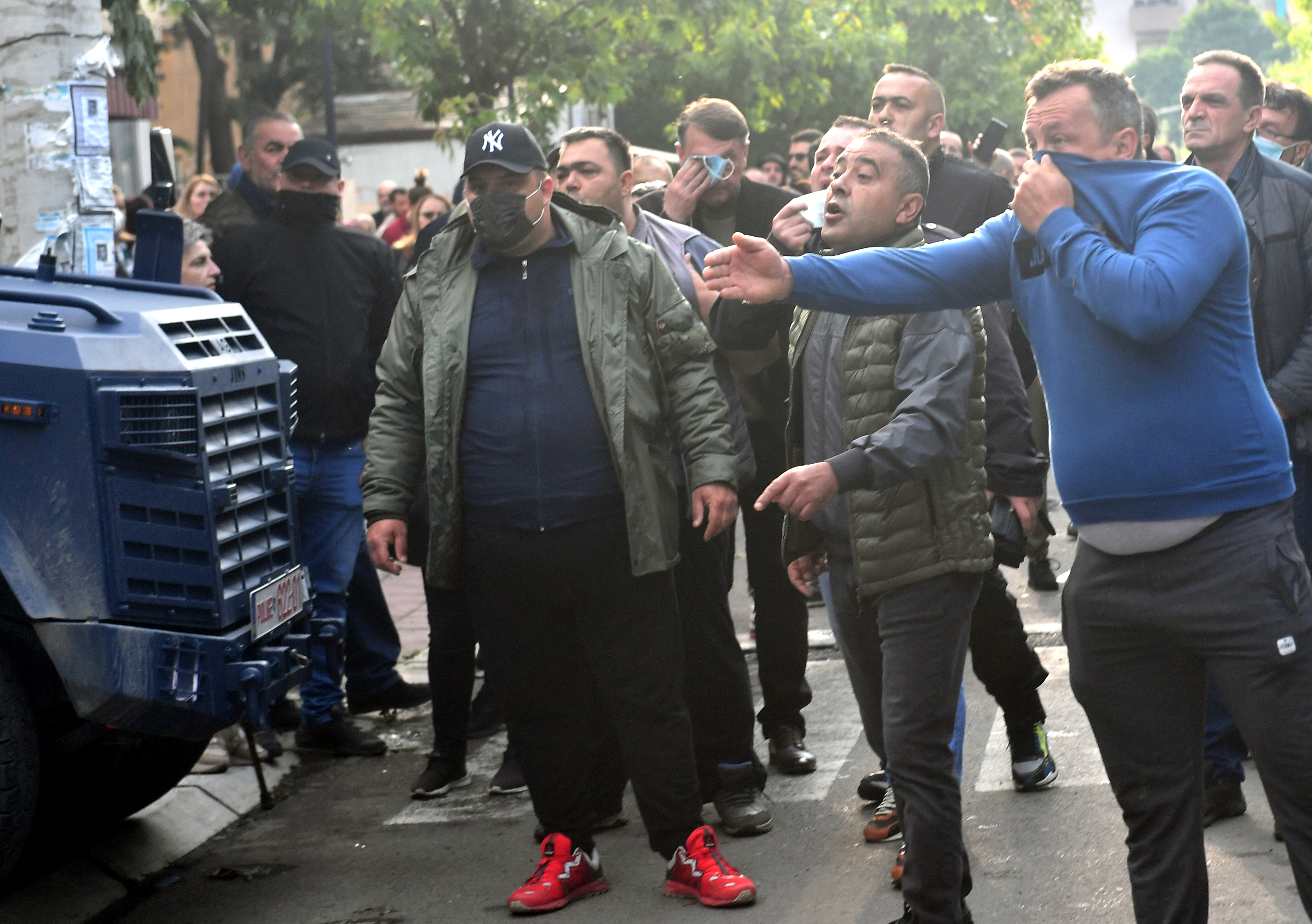 Ethnic Serbs protest in front of the building of the municipality in Zvecan
