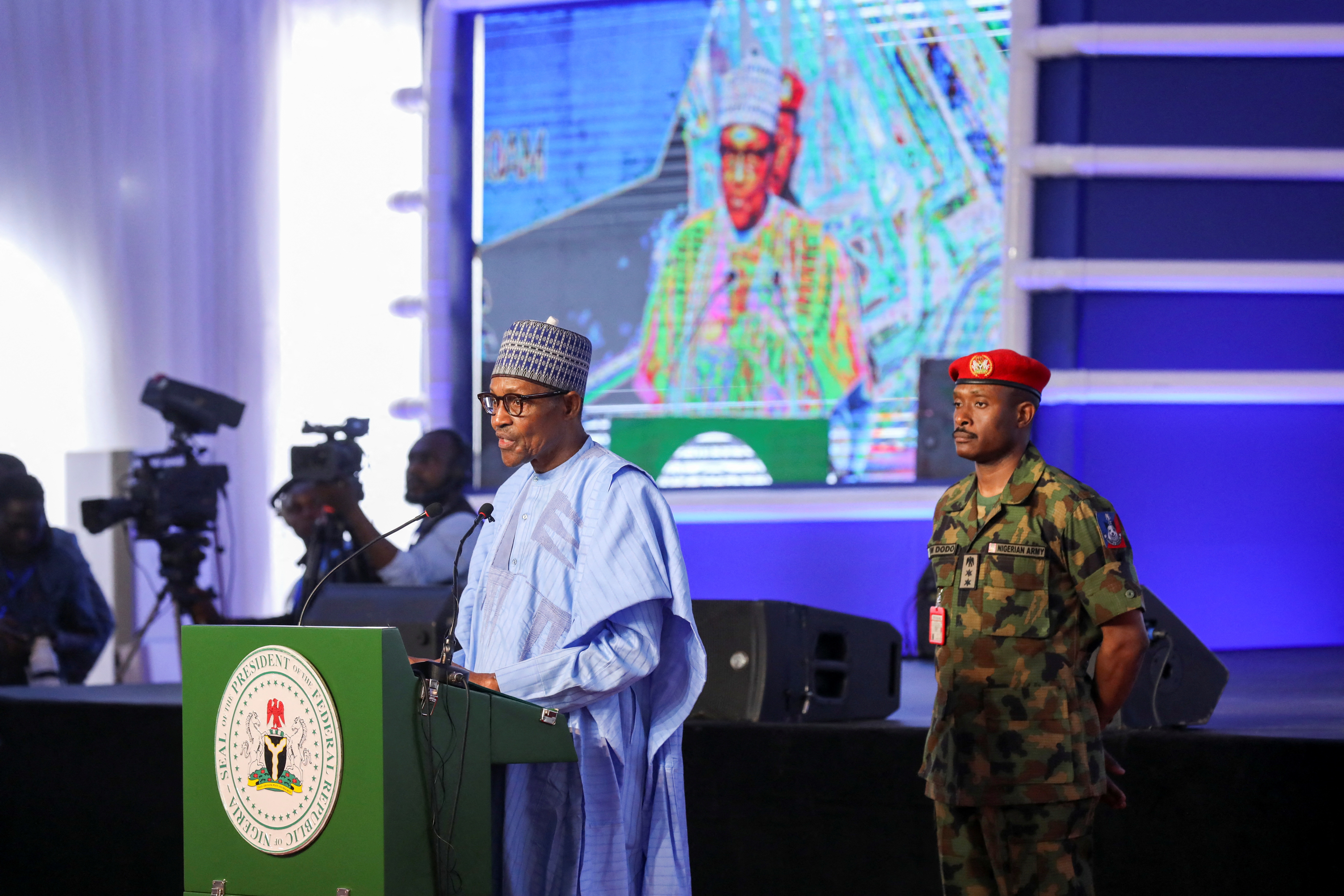 Nigeria's President Muhammadu Buhari speaks during the commissioning of Dangote Petroleum refinery in Ibeju-Lekki, Lagos, Nigeria May 22, 2023. [Temilade Adelaja/Reuters]
