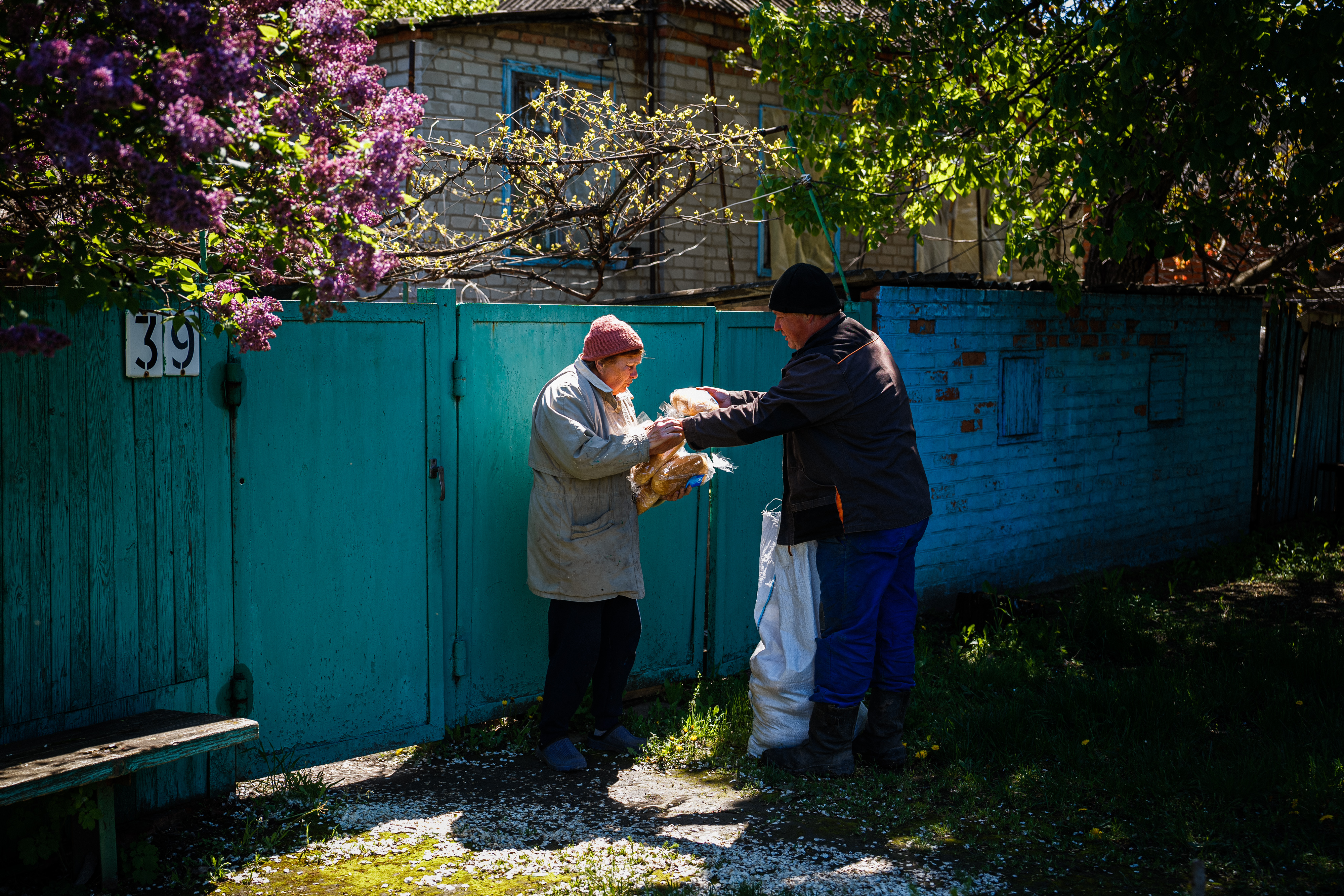 bags of bread at a distribution spot in Siversk, Donetsk region