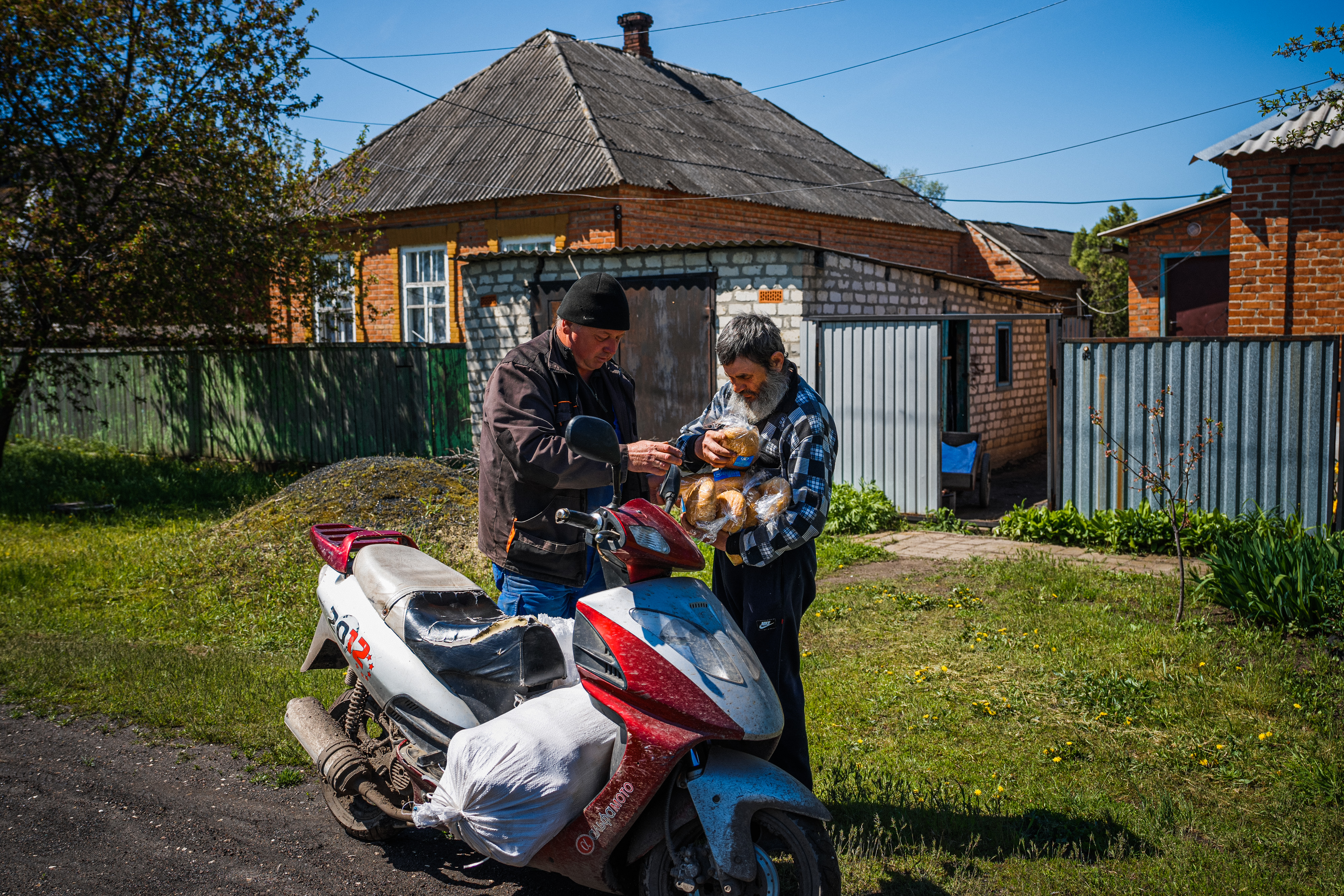 bags of bread at a distribution spot in Siversk, Donetsk region