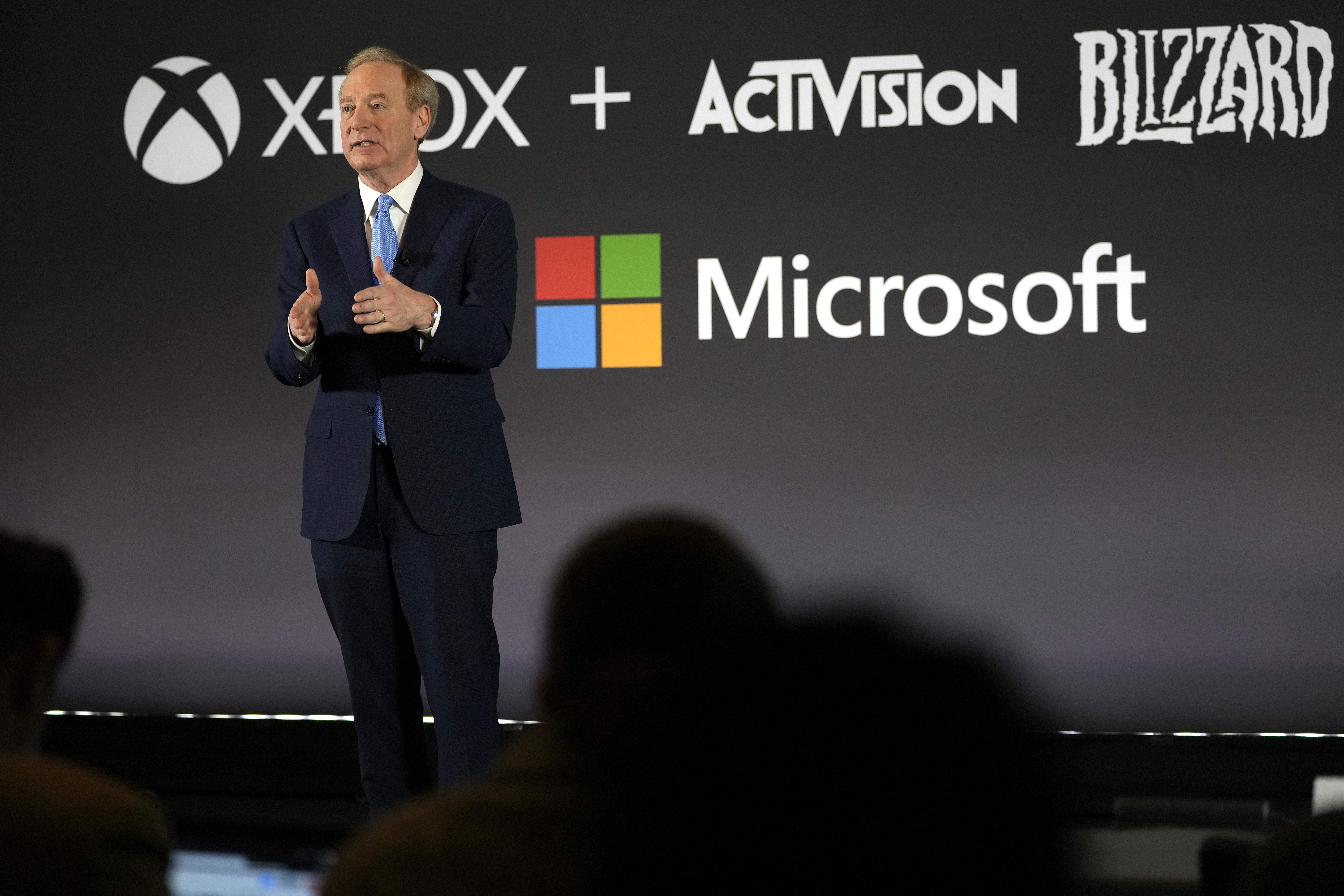 Microsoft President Brad Smith addresses a media conference regarding Microsoft's acquisition of Activision Blizzard and the future of gaming in Brussels, Belgium