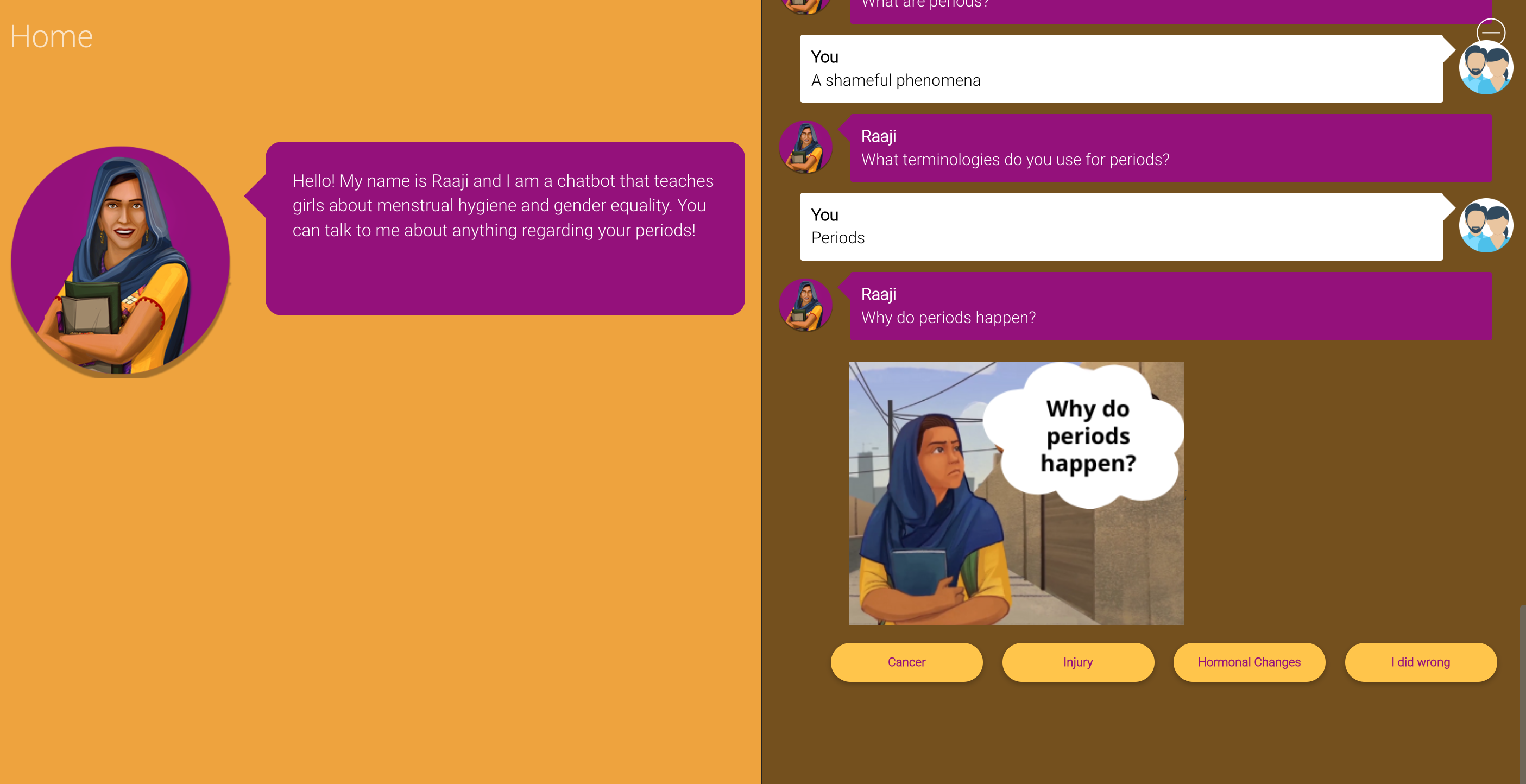 A screenshot of a site educating about period myths and helping with menstruation awareness