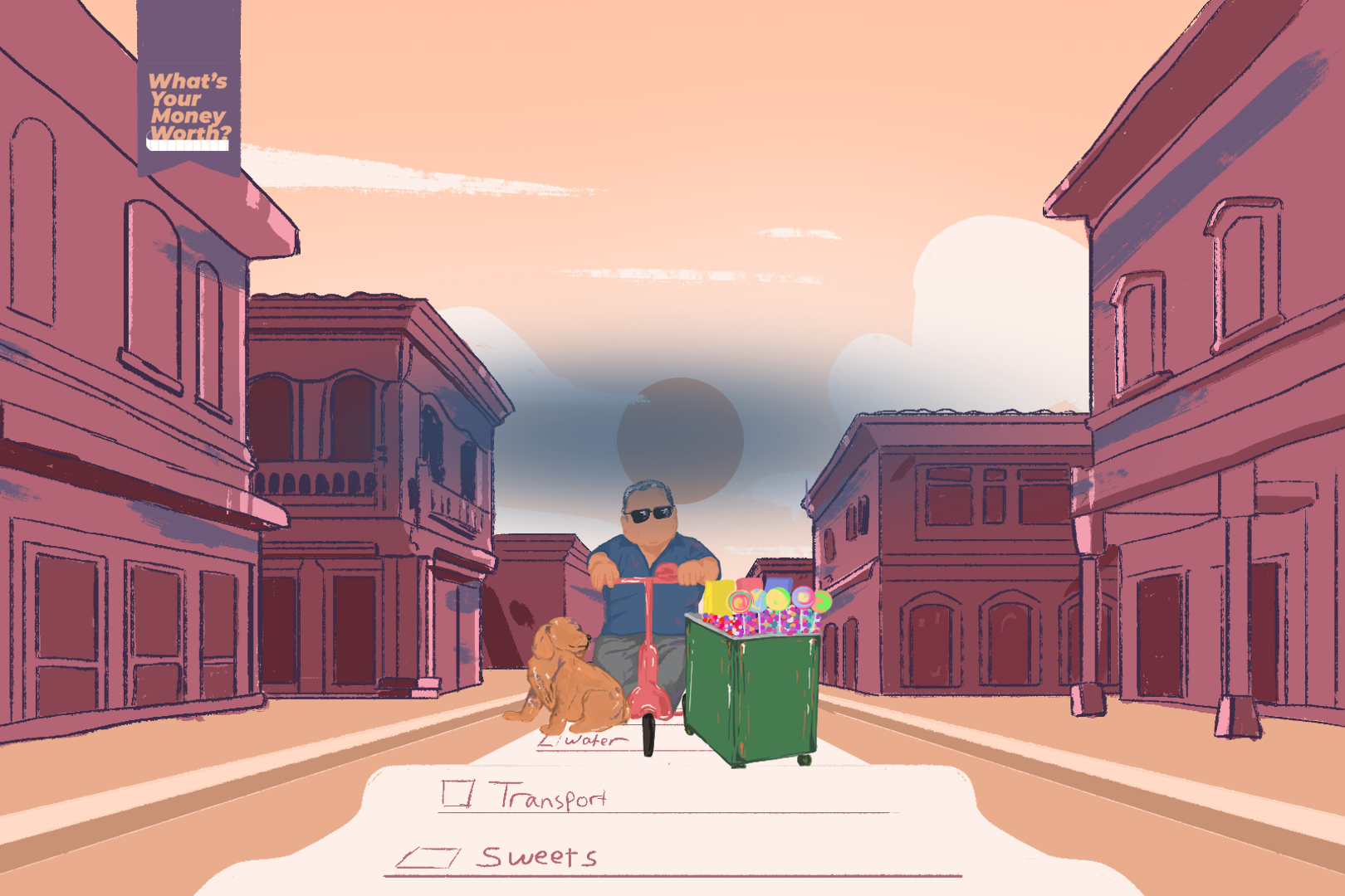 An illustration of a person on a scooter riding in the middle of the street with buildings on either side and a dog on the left of the man and a cart with sweets in it on the right side of the man.