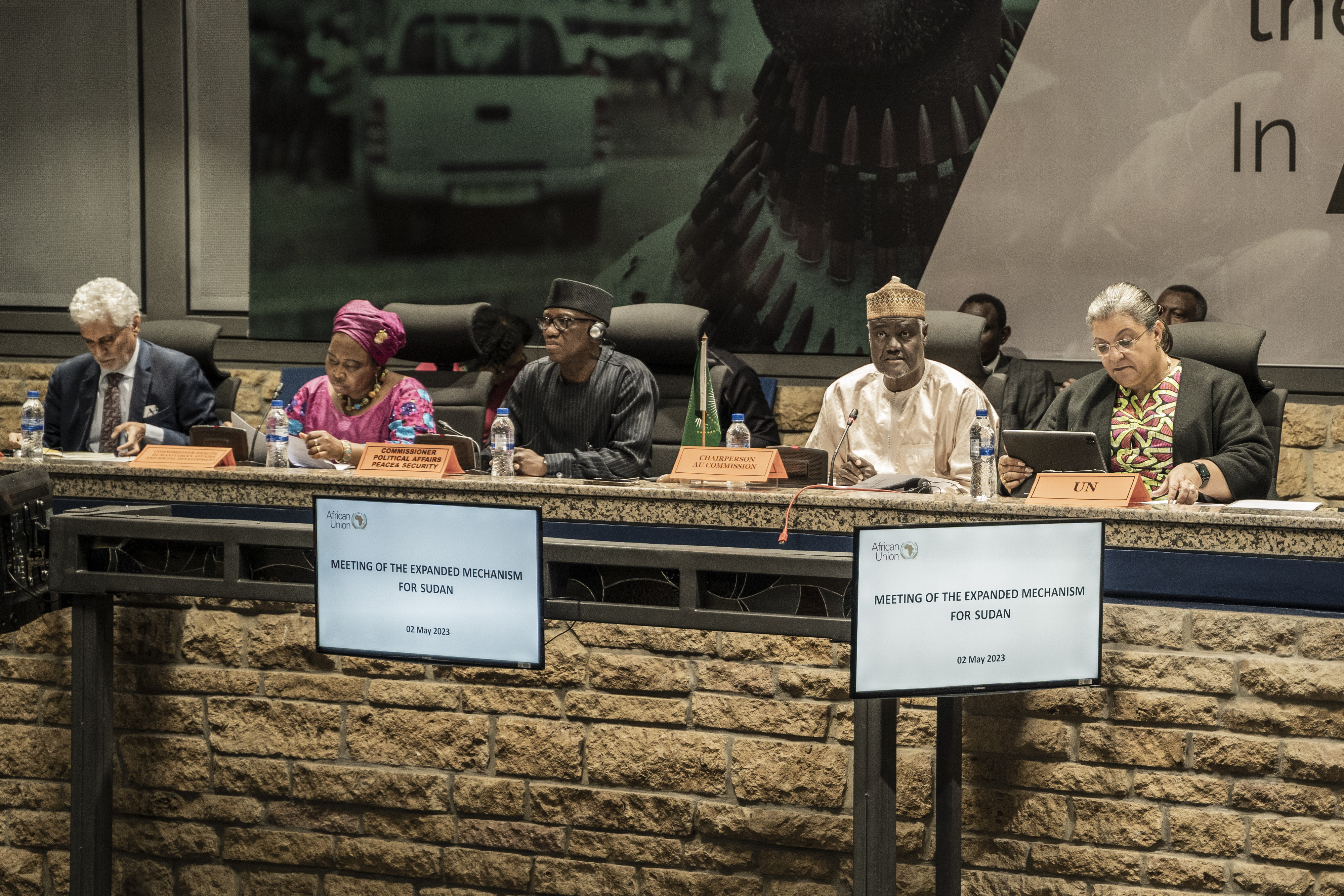 Bankole Adeoye (3-L), African Union (AU) Commissioner for Political Affairs, Peace and Security, and Moussa Faki Mahamat (2-R), Chairperson of the African Union Commission (AUC), attend a meeting of the Extended Mechanism on the Sudan Crisis at the AU headquarters in Addis Ababa on May 2, 2023. (Photo by Amanuel Sileshi / AFP)