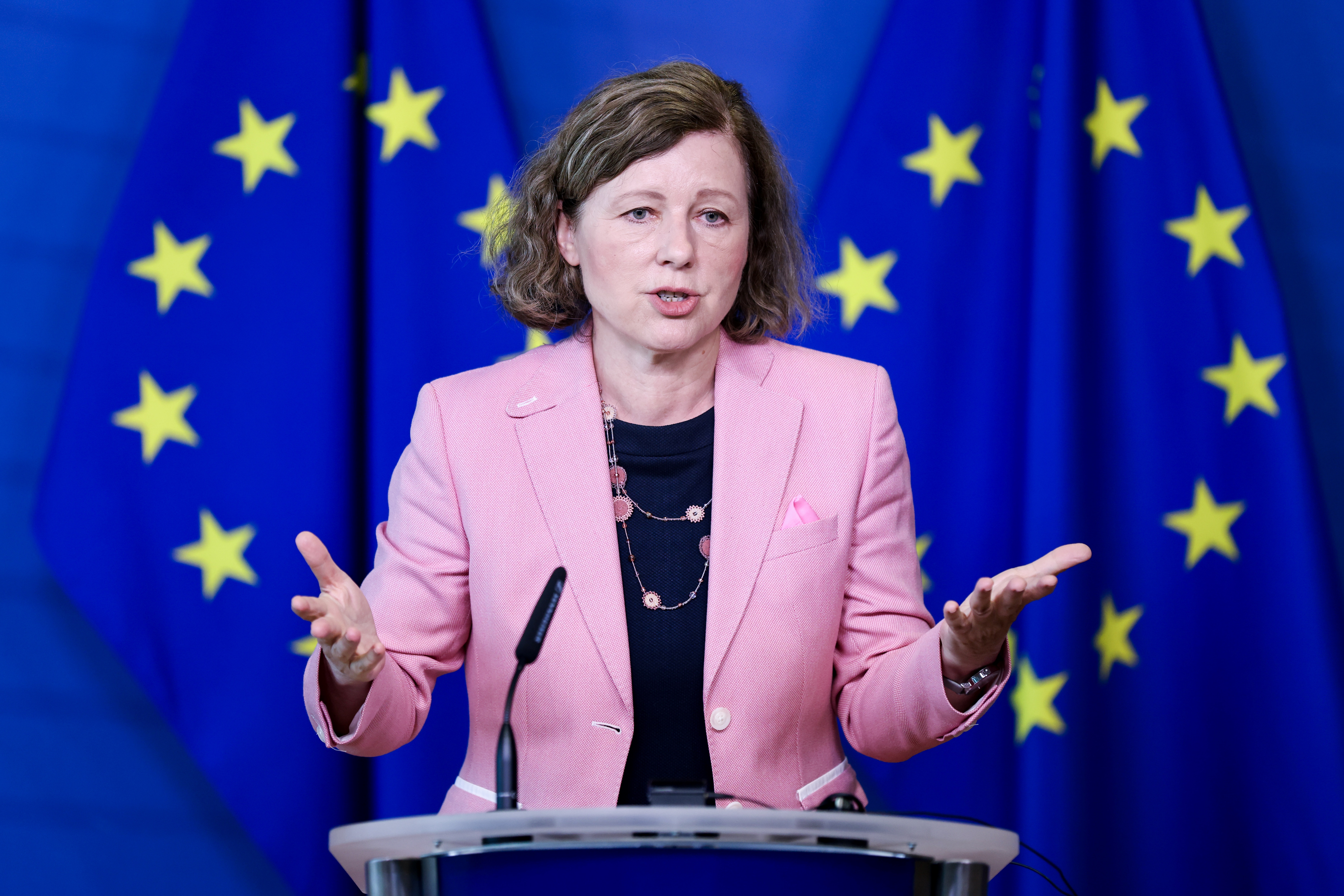 European Commission vice-president in charge for Vera Jourova Values and Transparency Vera Jourova speaks during a press conference on the meeting of the task-force of the Code of Practice on disinformation at EU headquarters in Brussels on June 5, 2023. - Twitter "chose confrontation" by exiting a voluntary EU disinformation code of practice that lays ground rules for an incoming European law on digital services, a European Union commissioner said June 5. (Photo by Kenzo TRIBOUILLARD / AFP)