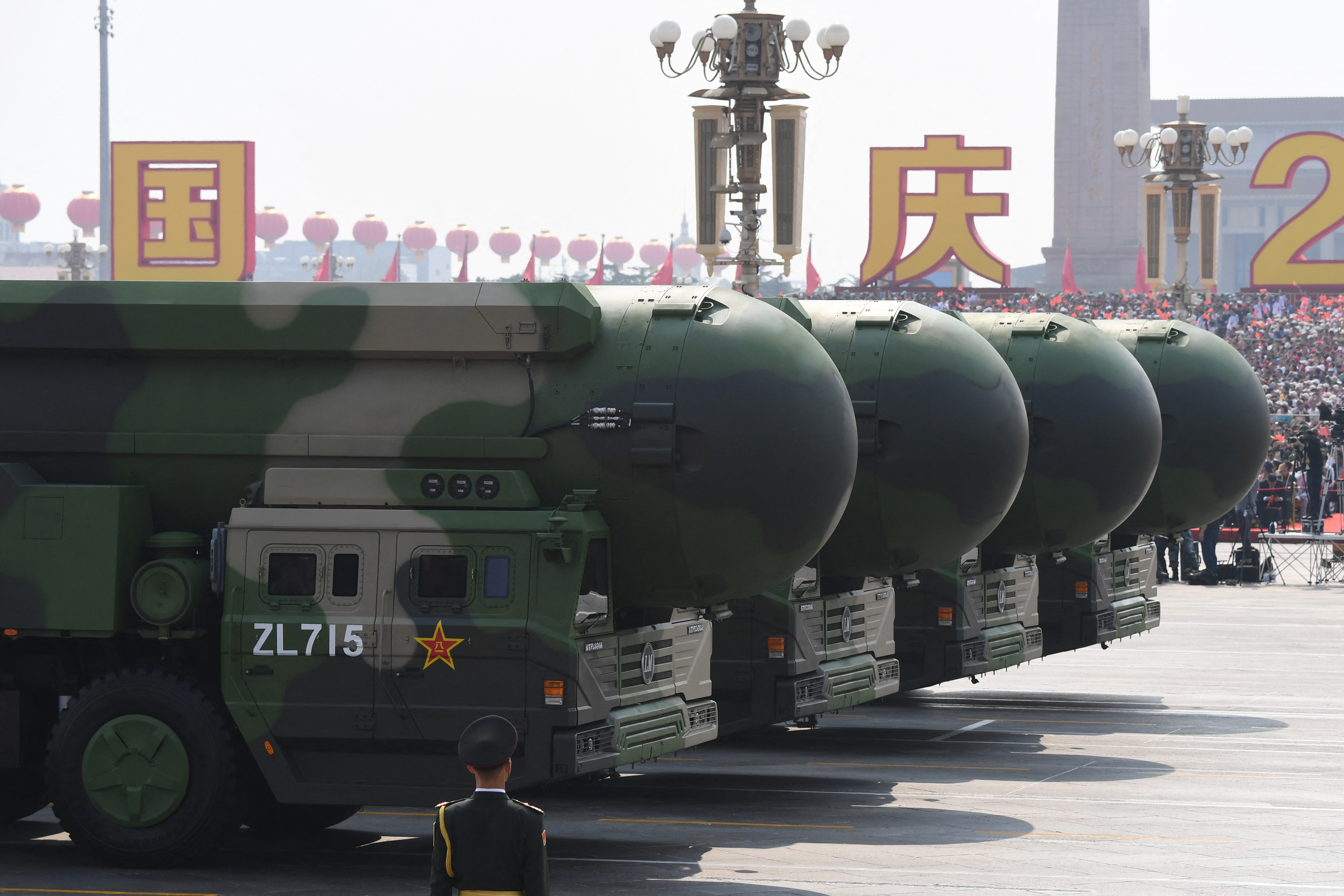 China's DF-41 nuclear-capable intercontinental ballistic missiles lined up during a military parade in Beijing