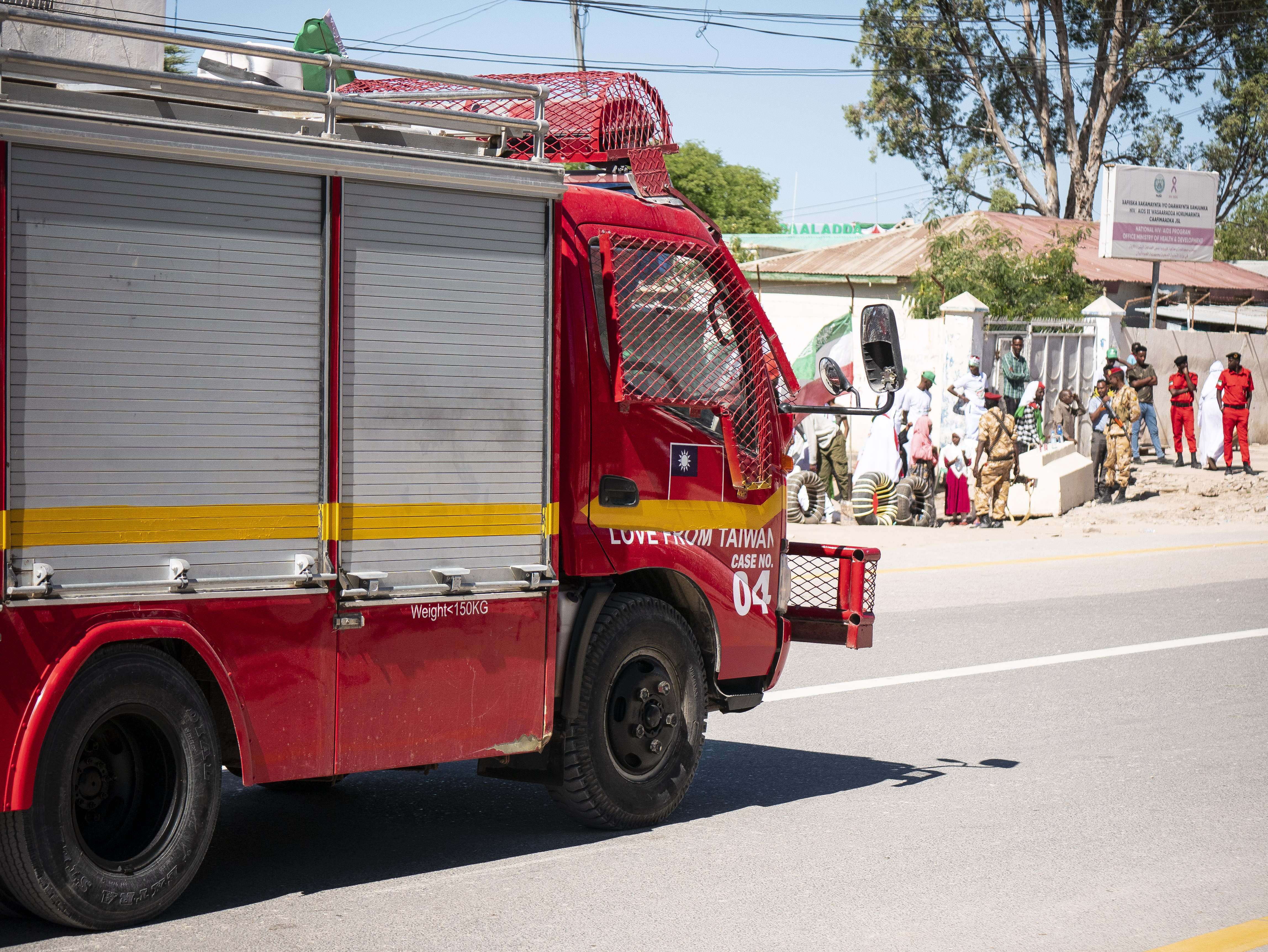 A fire engine donated by Taiwan. It says love from Taiwan on the side
