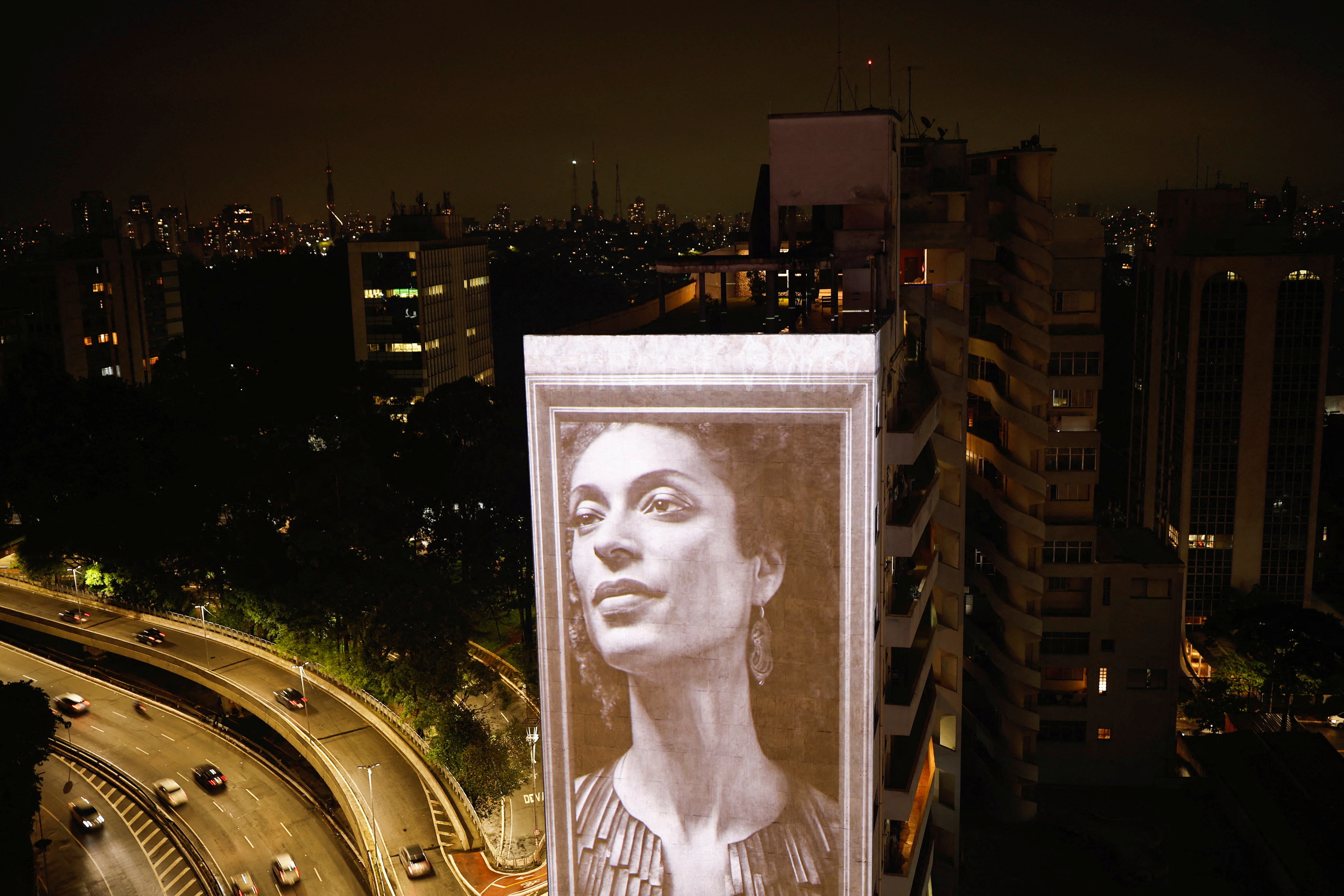 An image of Marielle Franco is projected on a building in Sao Paulo, Brazil