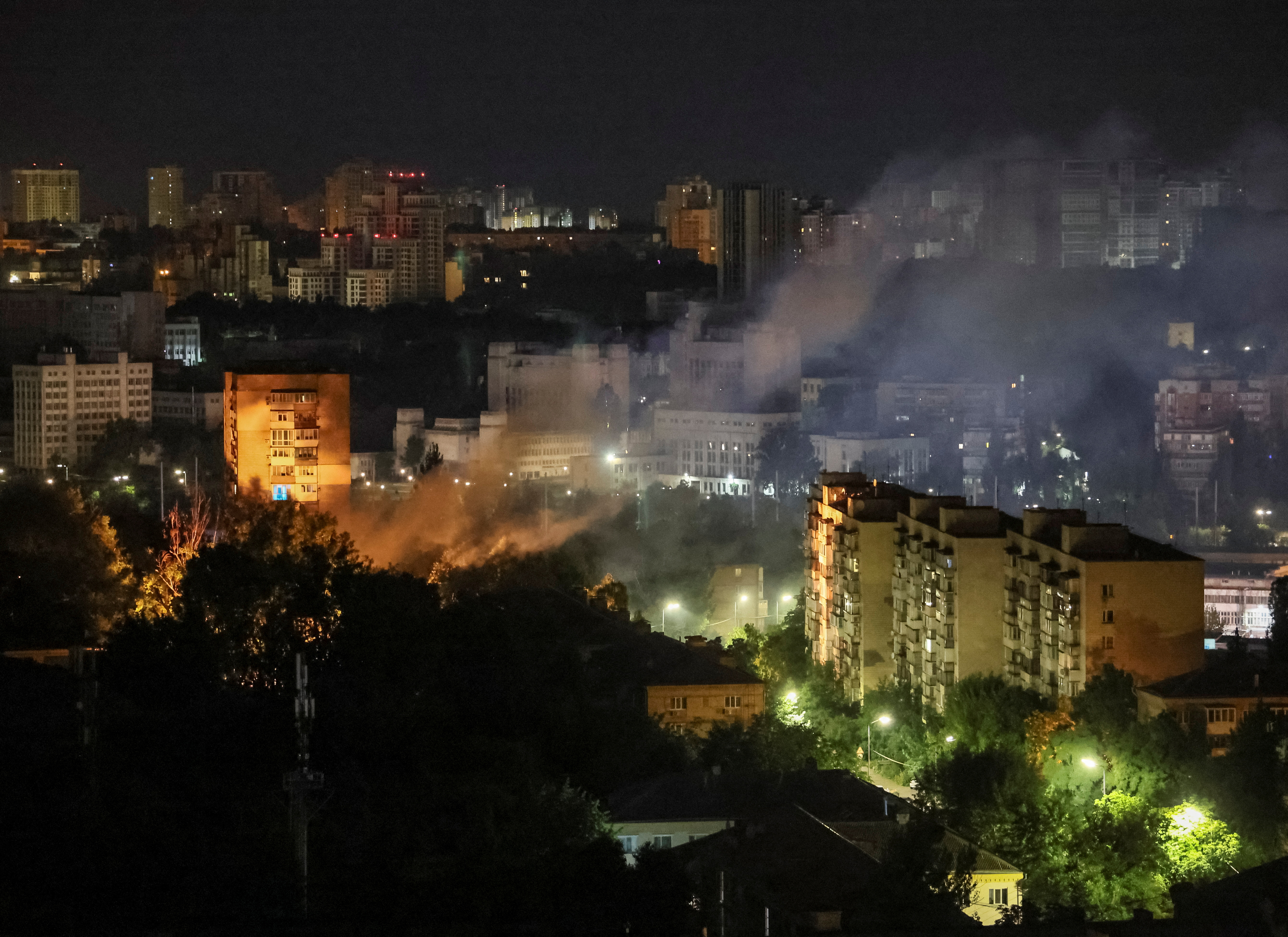 Smoke rises in the sky over the city after a Russian drone strike in Kyiv, Ukraine