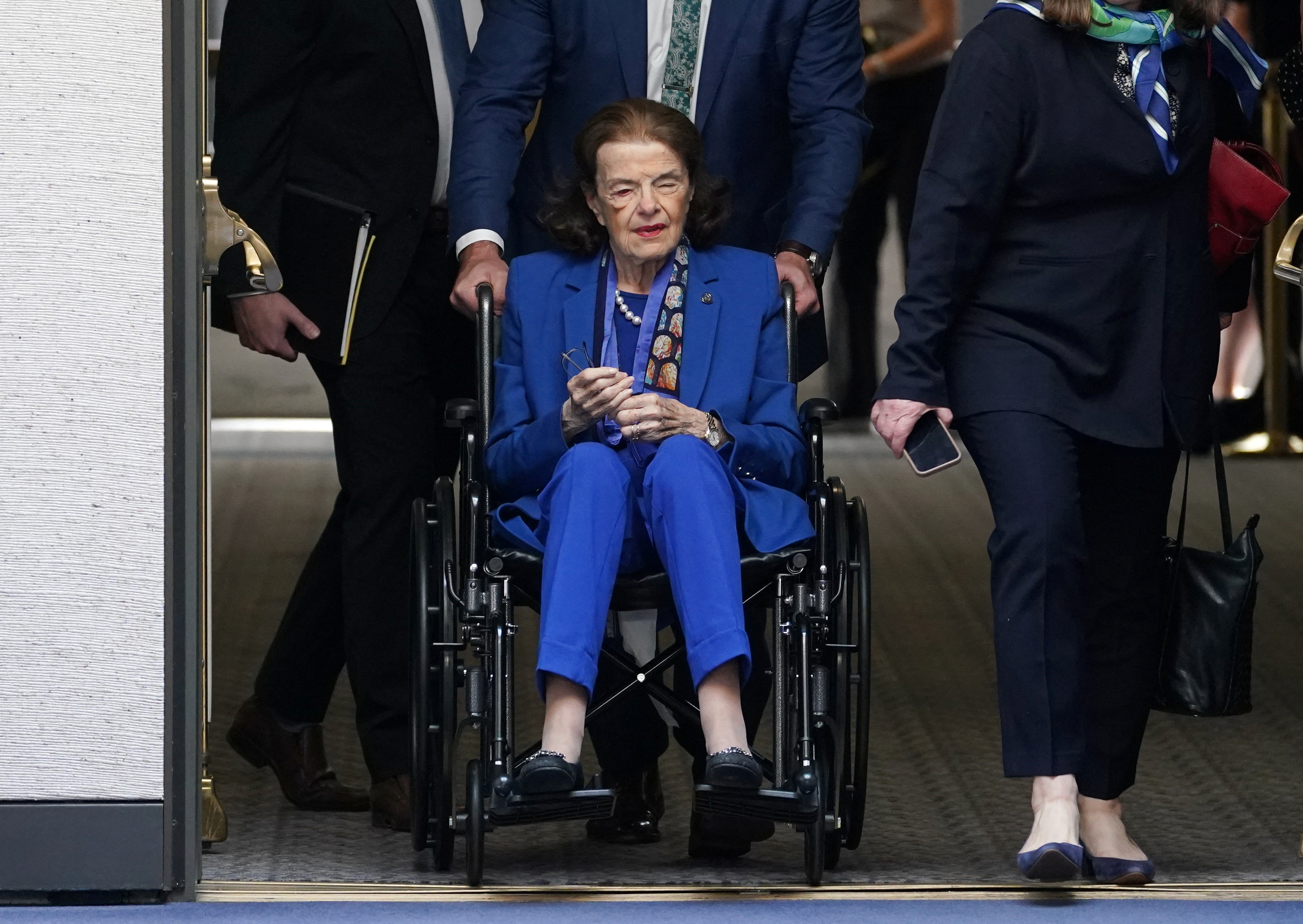 US Senator Dianne Feinstein (D-CA) is brought to a Senate Judiciary Committee executive business meeting to vote on legislation and pending nominations before the committee, on Capitol Hill in Washington, US, May 11, 2023.