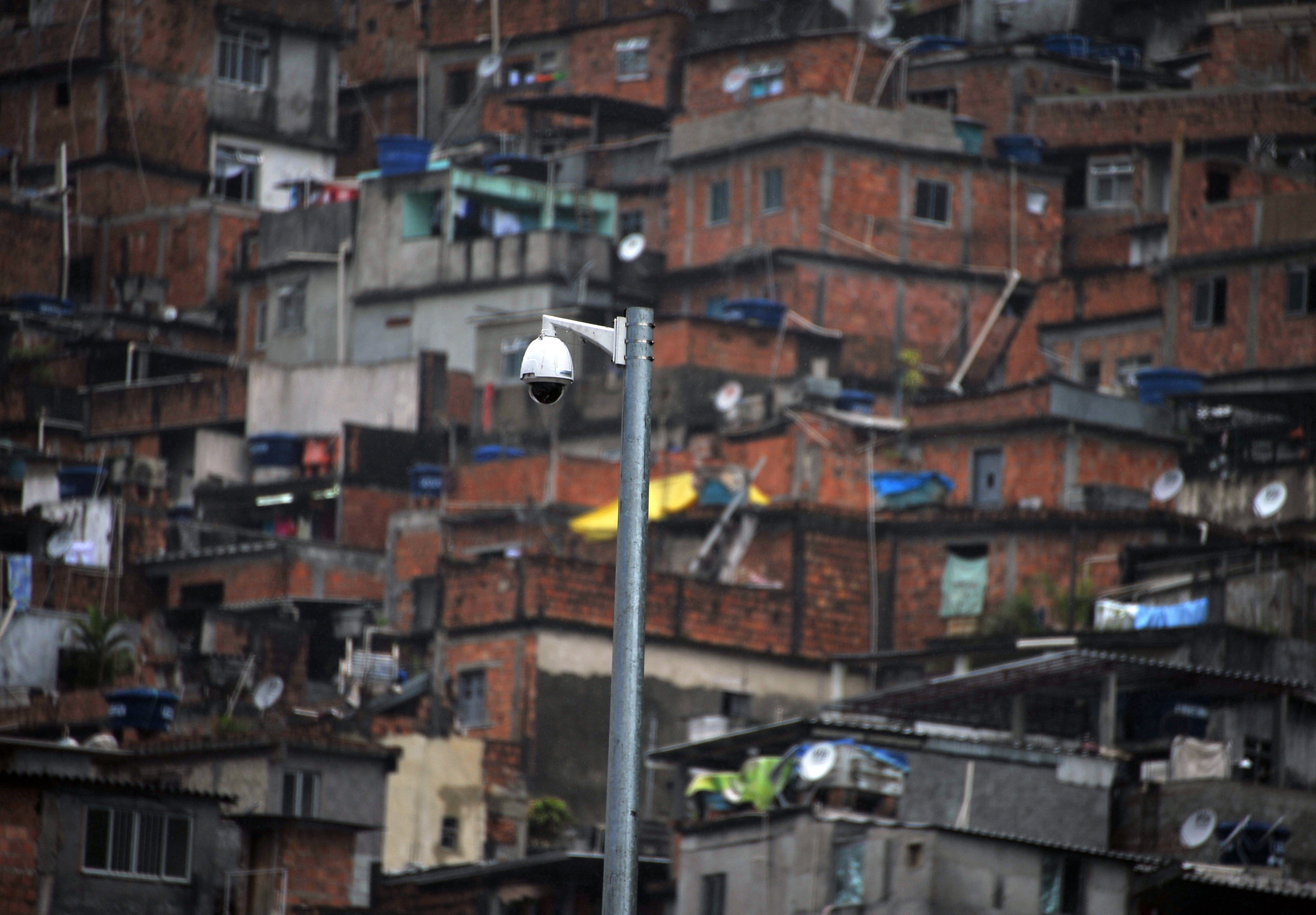 View of a HD camera set up by the militarized police at the Rocinha shantytown in Rio de Janeiro, Brazil