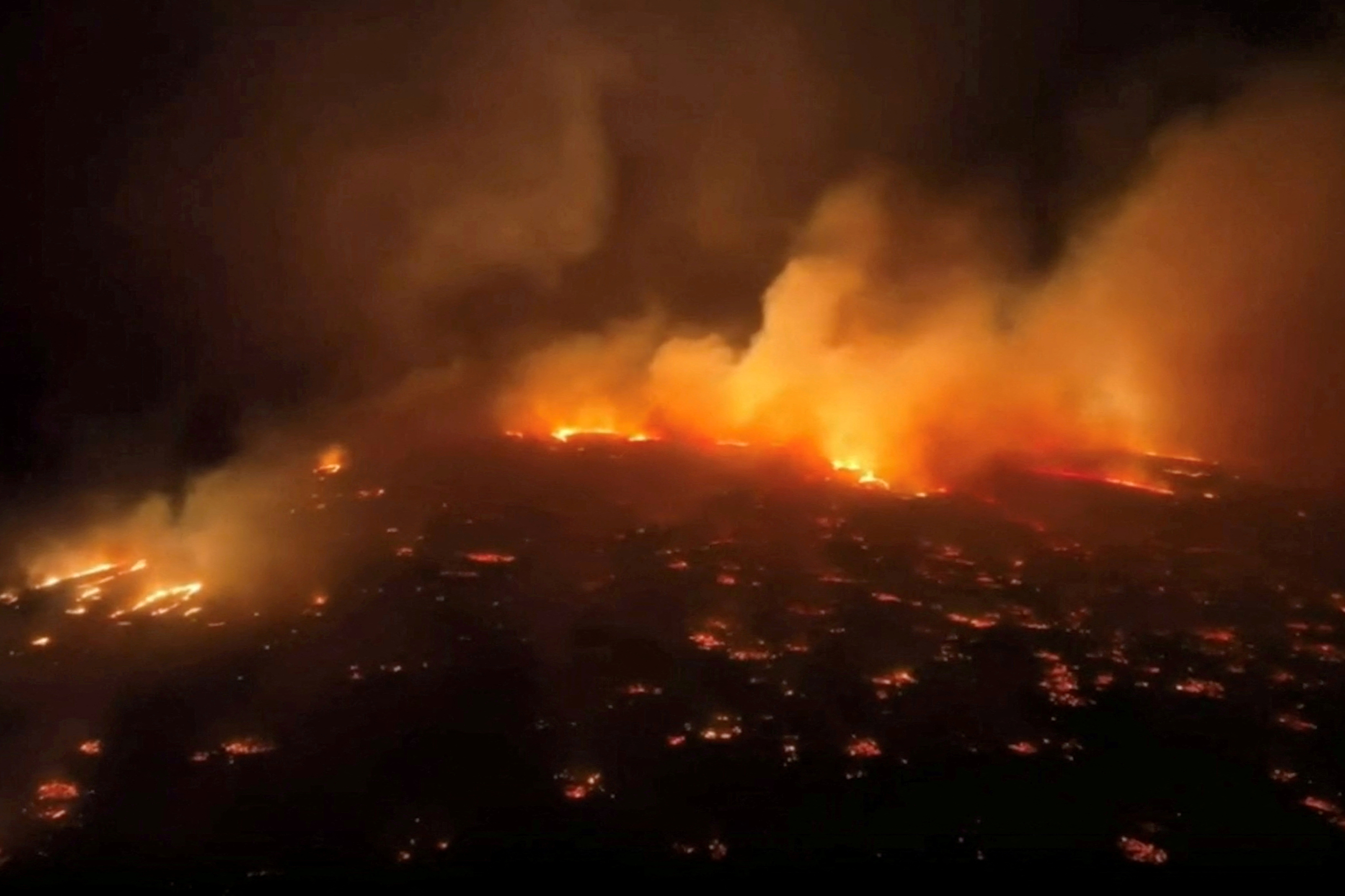An aerial view of a wildfire in Kihei, Maui County, Hawaii, U.S