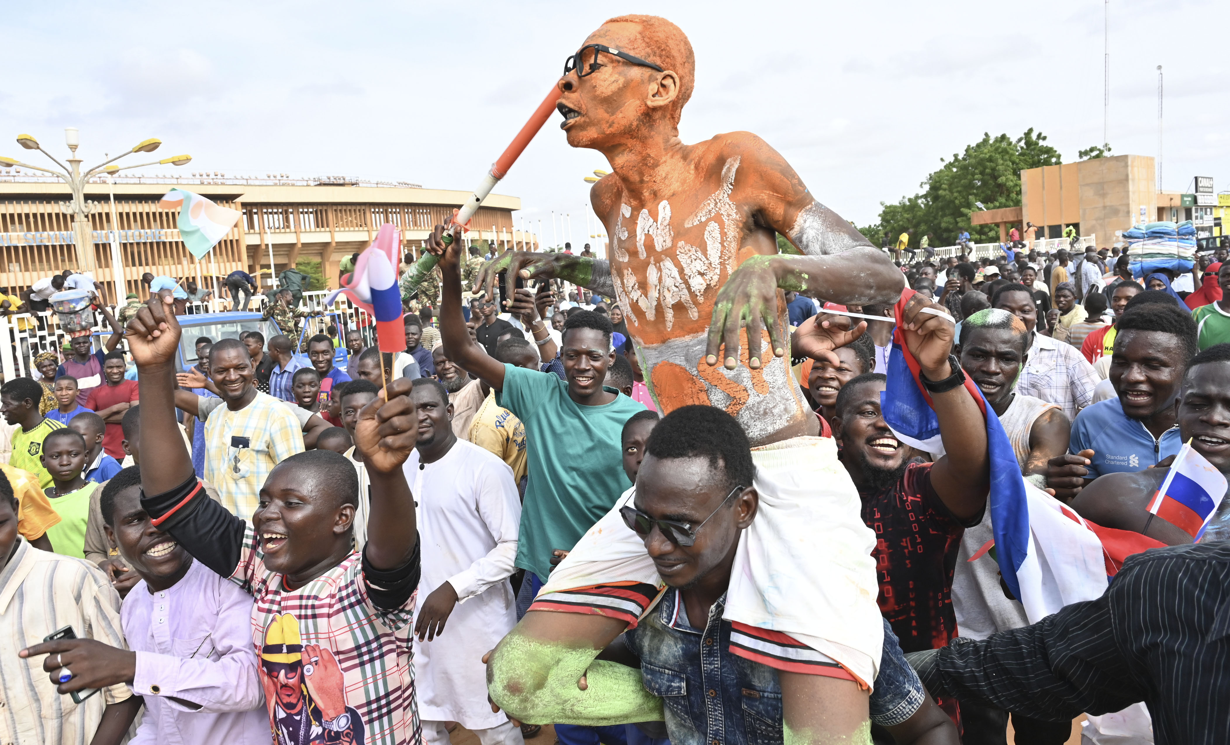 Supporters of Niger's National Council for the Safeguard of the Homeland (CNSP) demonstrate in Niamey on August 6, 2023