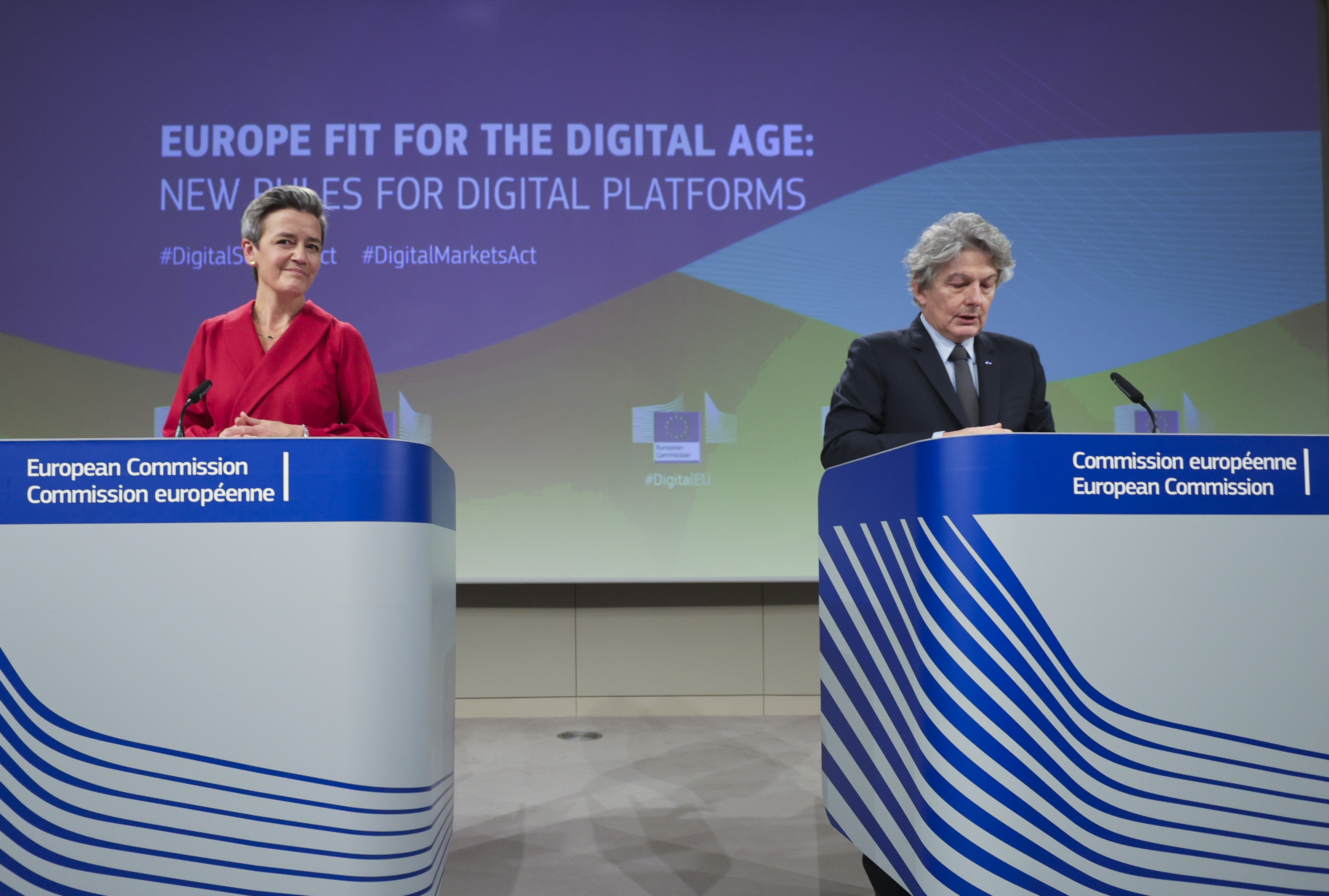 European Commissioner for Europe fit for the Digital Age Margrethe Vestager, left, and European Commissioner for Internal Market Thierry Breton during a news conference on Digital Services Act and the Digital Markets Act at the European Commission headquarters in Brussels