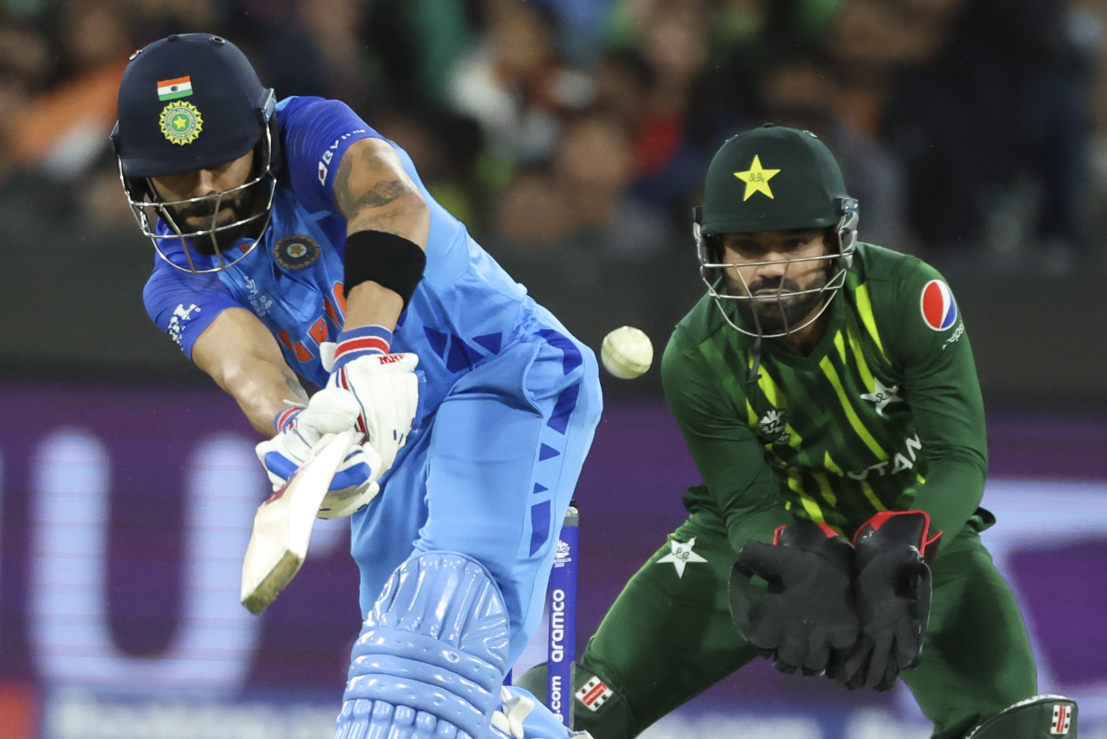 India's Virat Kohli bats during the T20 World Cup cricket match between India and Pakistan in Melbourne, Australia, Sunday, Oct. 23, 2022