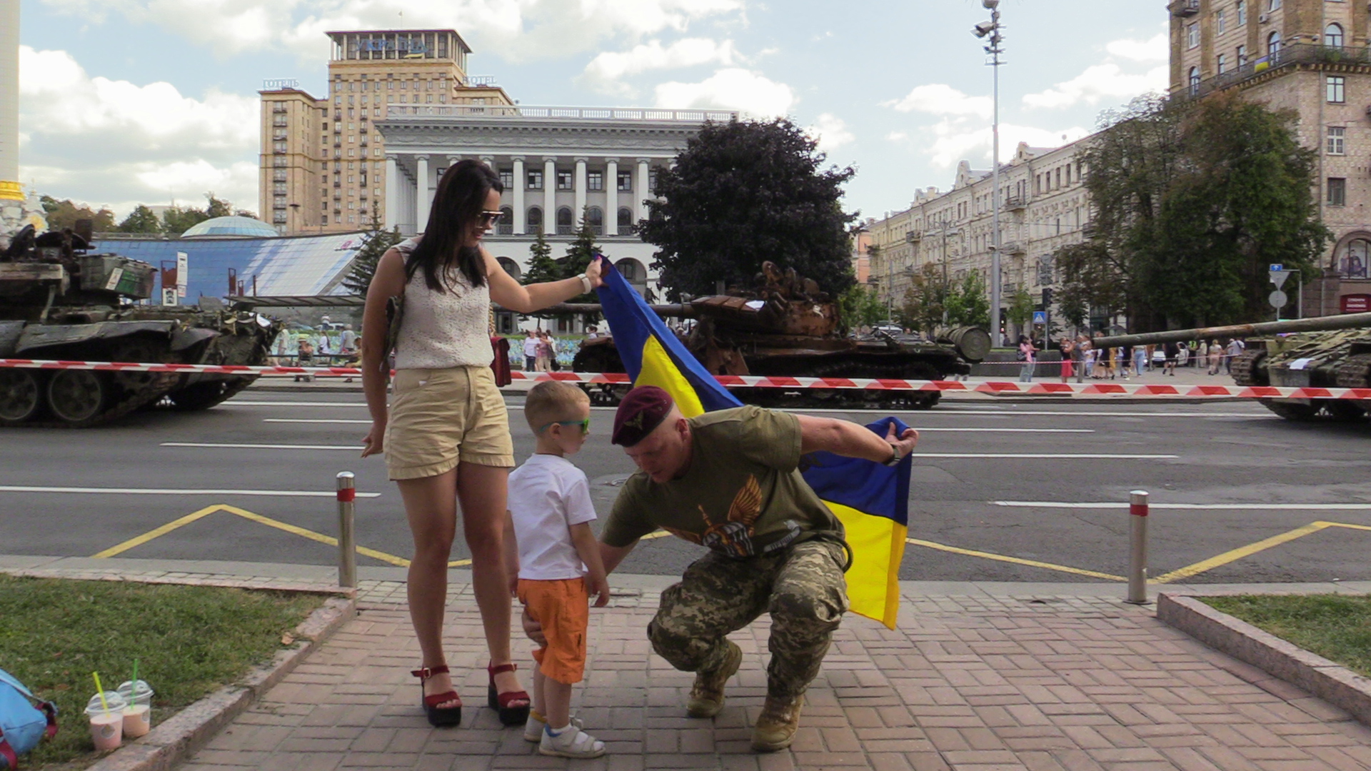 Ukrainian soldier with child
