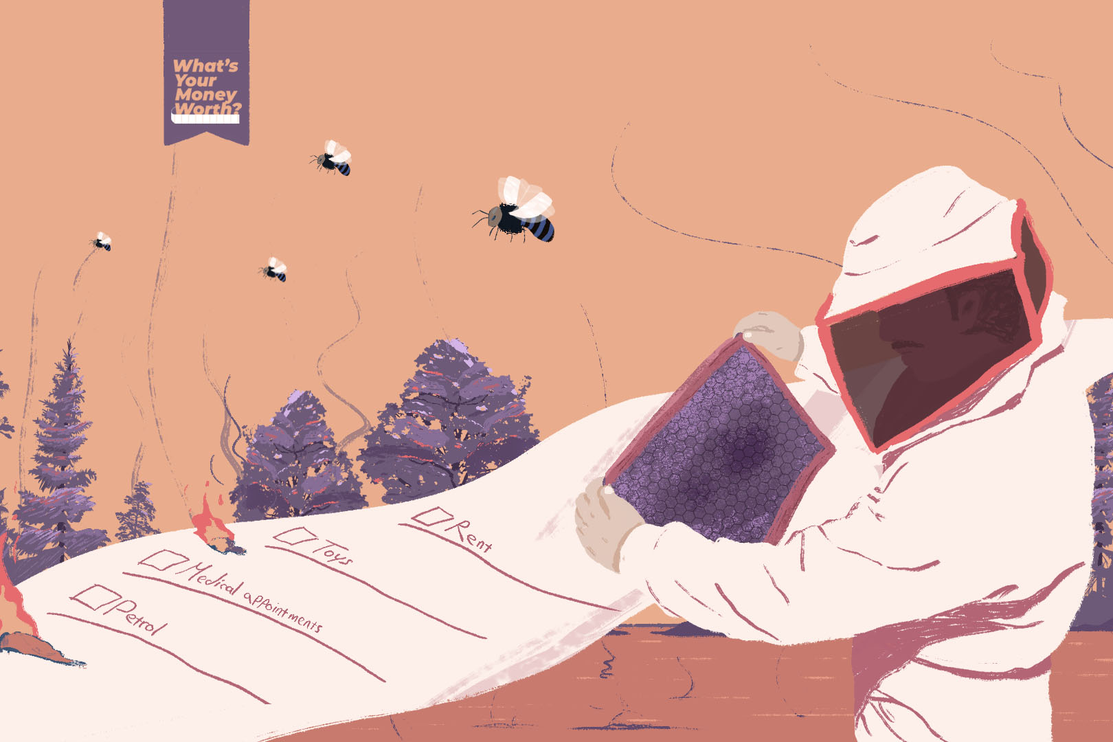 An illustration of a beekeeper looking at a hive with bees flying in the breeze and a long receipt next to him burning up.