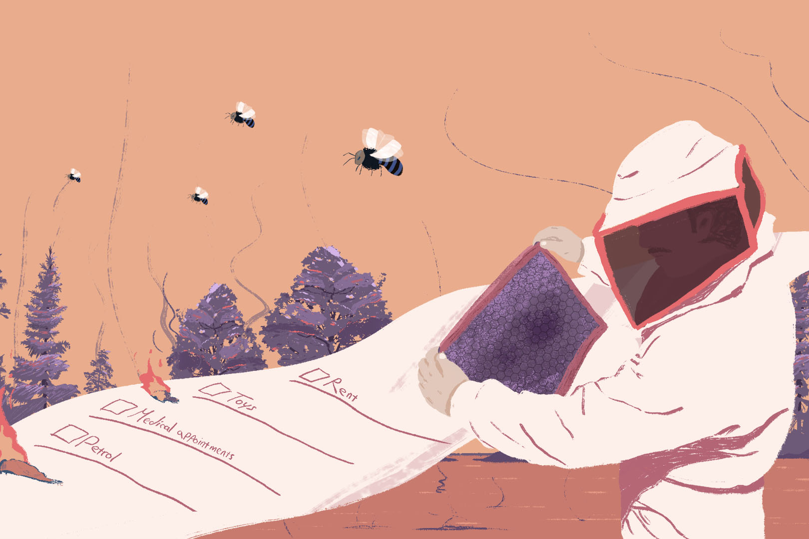 An illustration of a beekeeper looking at a hive with bees flying in the breeze and a long receipt next to them burning up.
