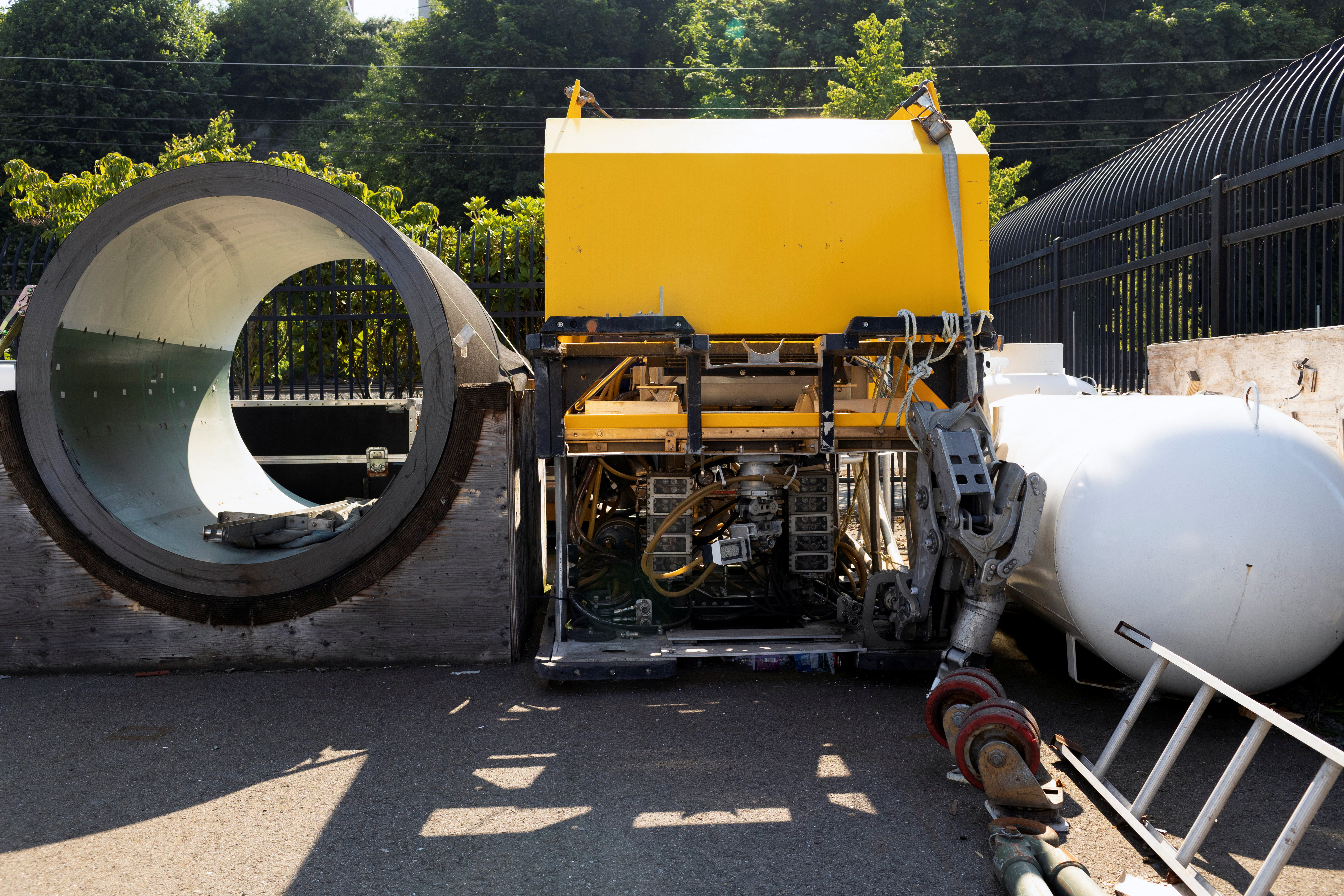 A view of an OceanGate equipment within the boatyard adjacent to company boats and vehicles at the boatyard near the headquarters at the Port of Everett complex in Everett, Washington, U.S., June 22, 2023. REUTERS/Matt Mills McKnight