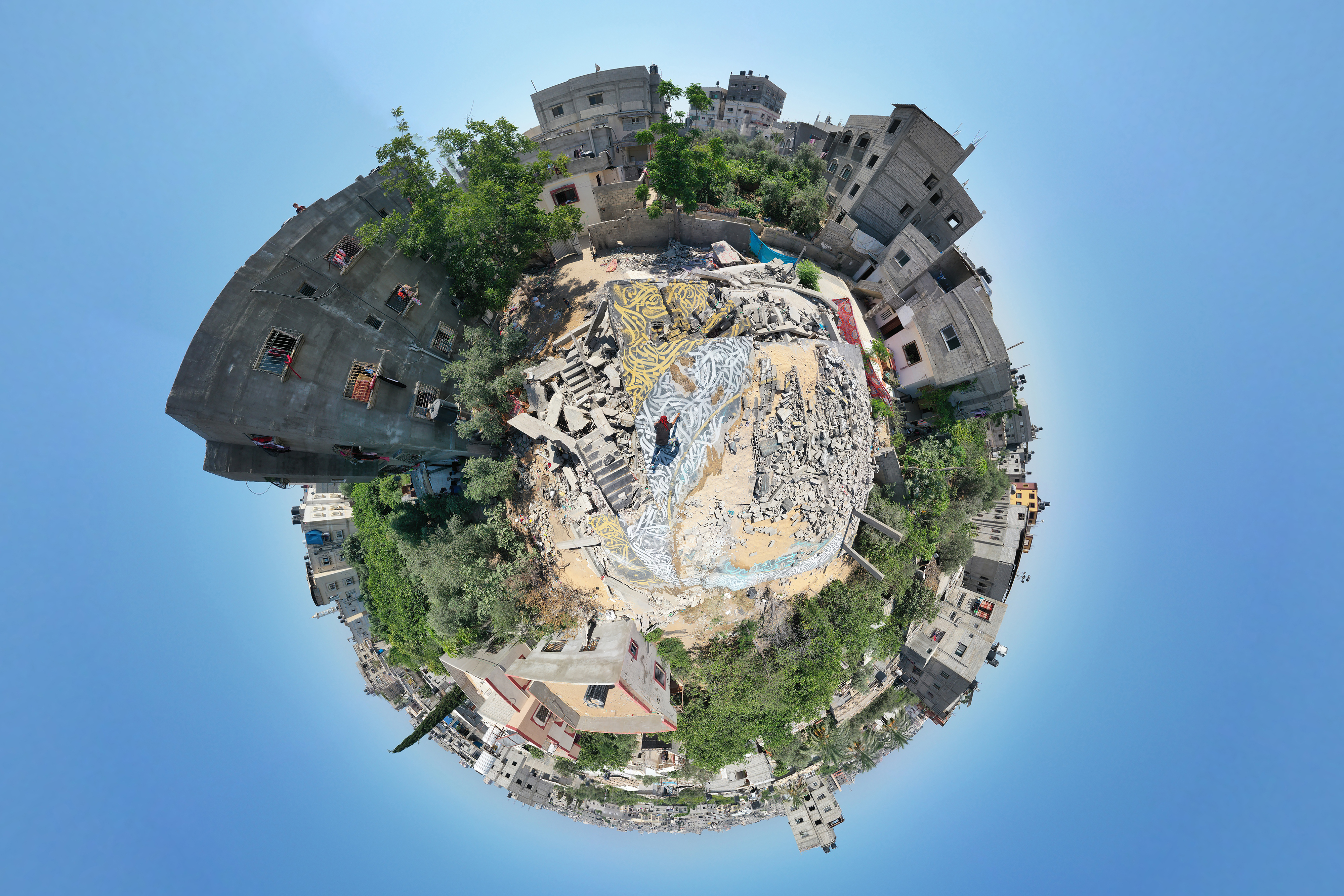 360-degree drone shot against a sky background