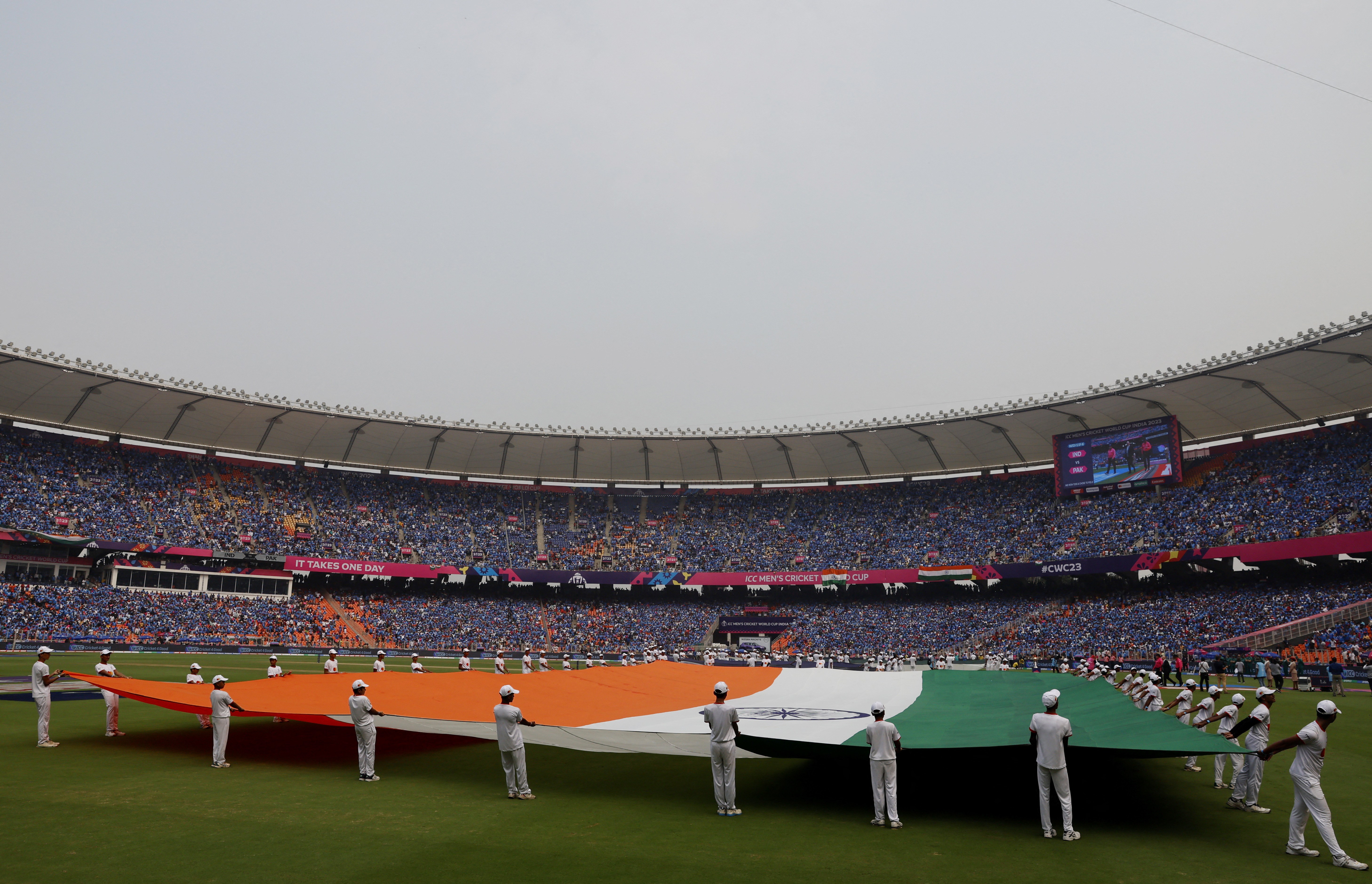 India's flag at an ICC Cricket World Cup 2023 match in Ahmedabad