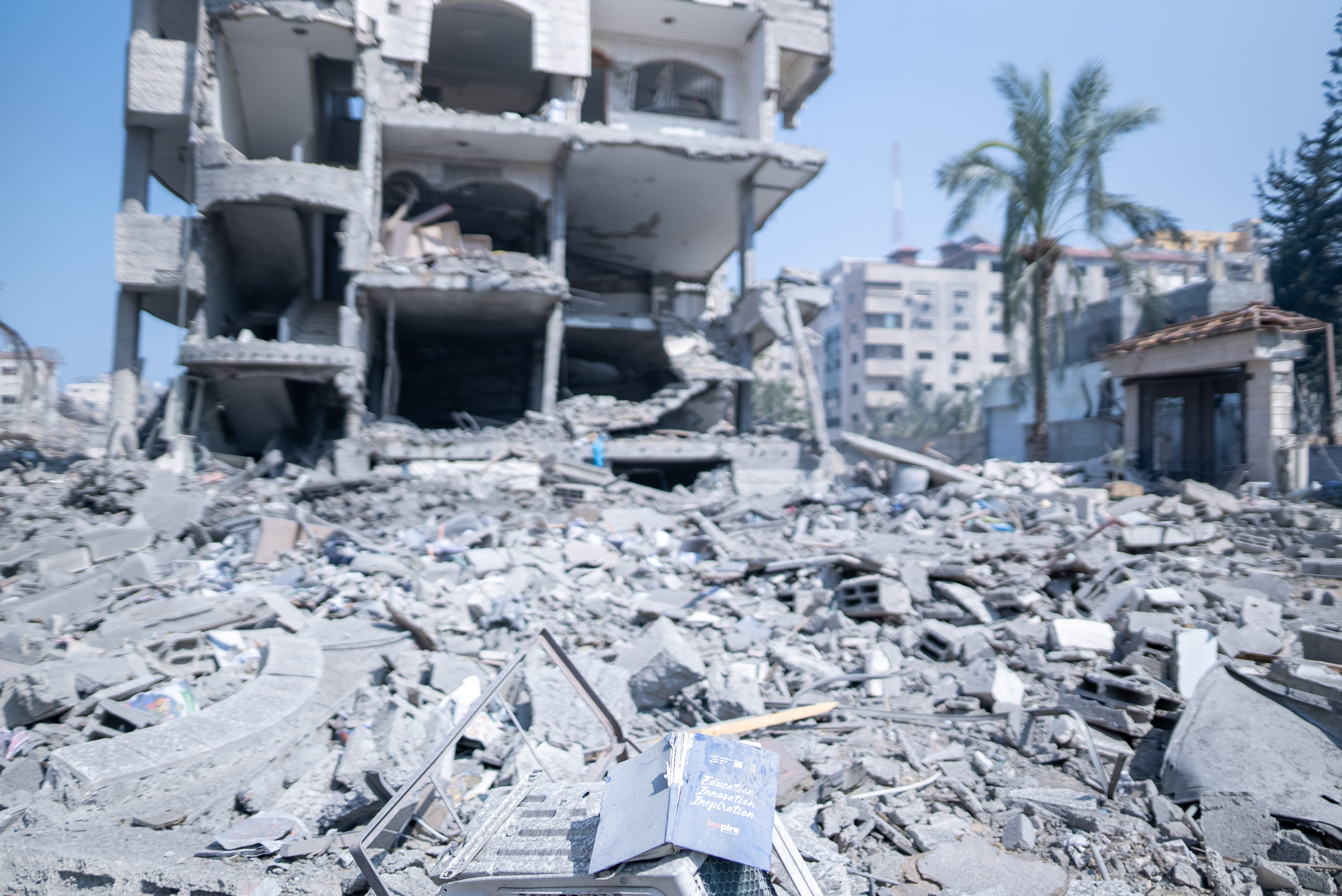 Rubble remains after Israeli airstrikes destroy school in Gaza.
