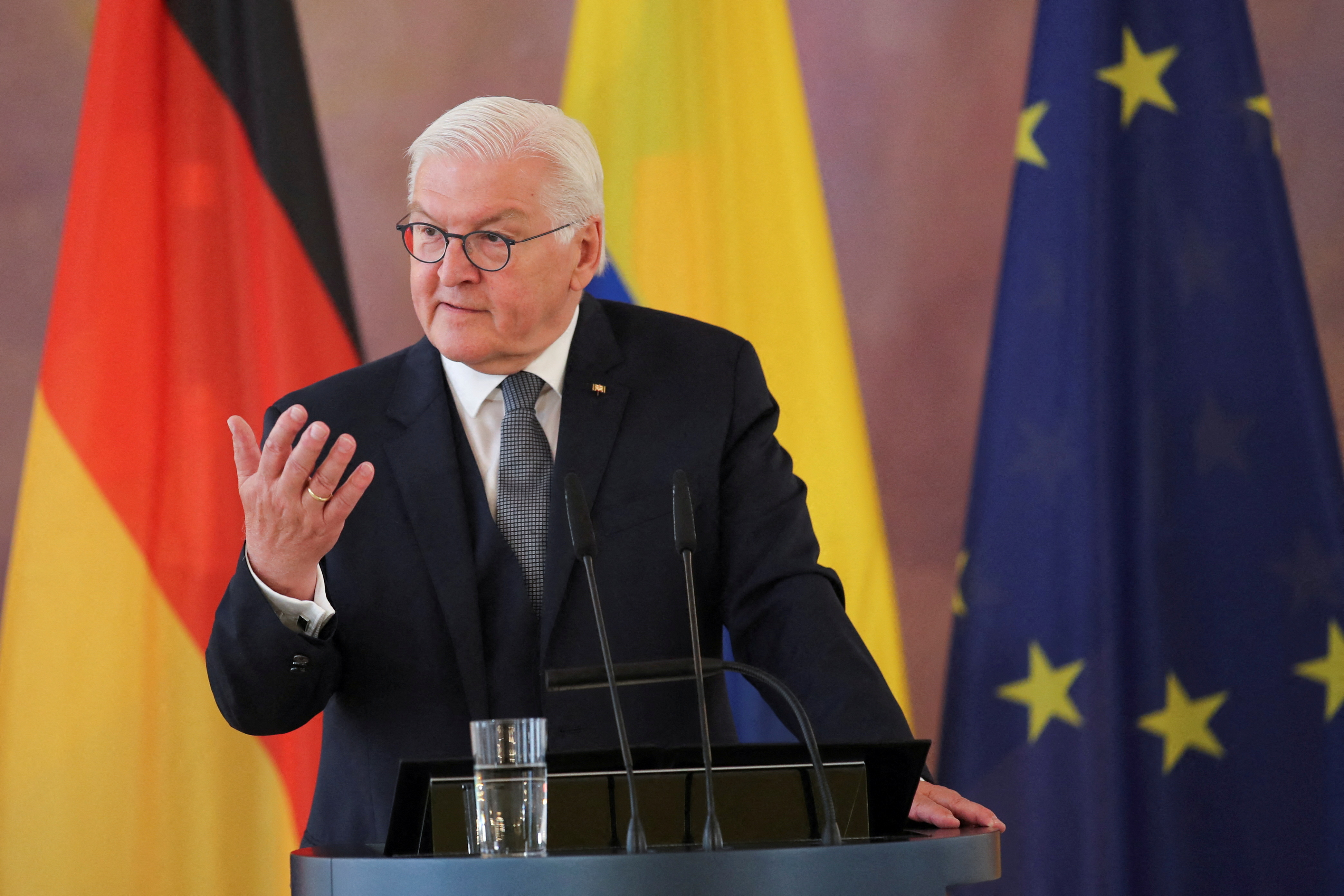 FILE PHOTO: German President Frank-Walter Steinmeier gestures during a ceremony in Berlin, Germany, June 16, 2023. REUTERS/Nadja Wohlleben/File Photo