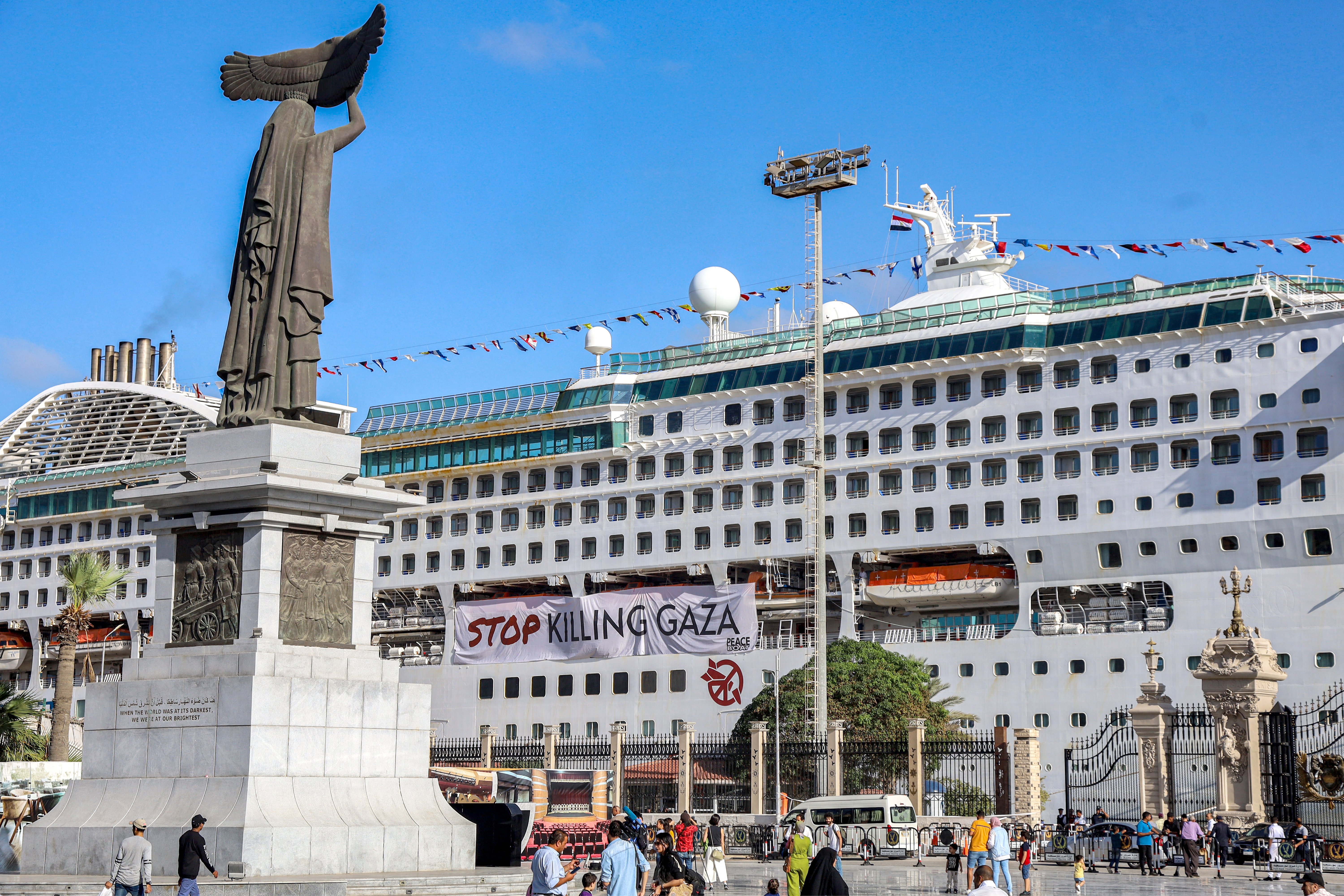 The Panama-flagged cruise ship "Pacific World", sailed by Japan-based luxury cruise operator and NGO "Peace Boat", is docked at the port of Port Said at the Mediterranean terminus of the Suez Canal in northeastern Egypt.