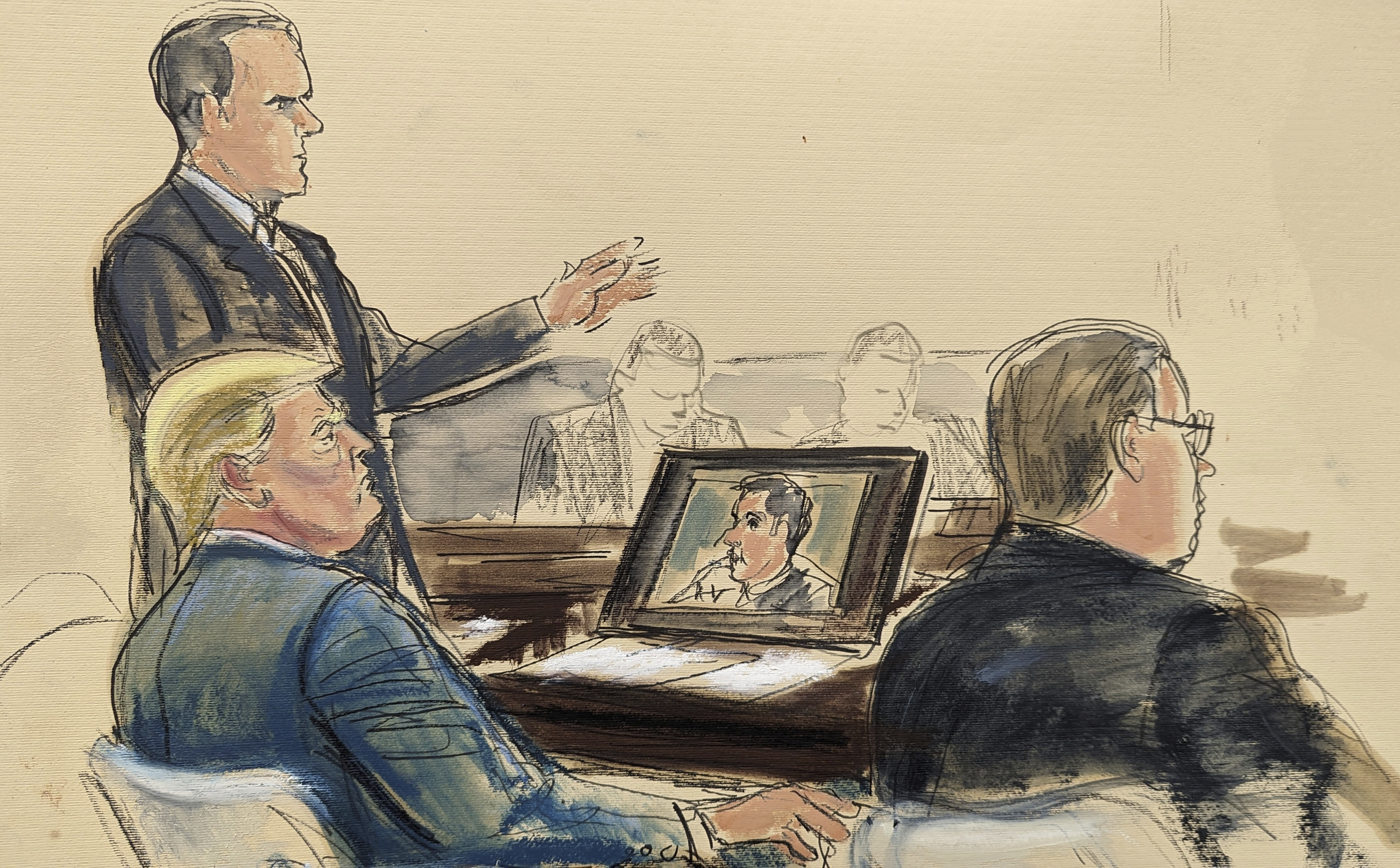 Courtroom drawing of trump and his lawyers