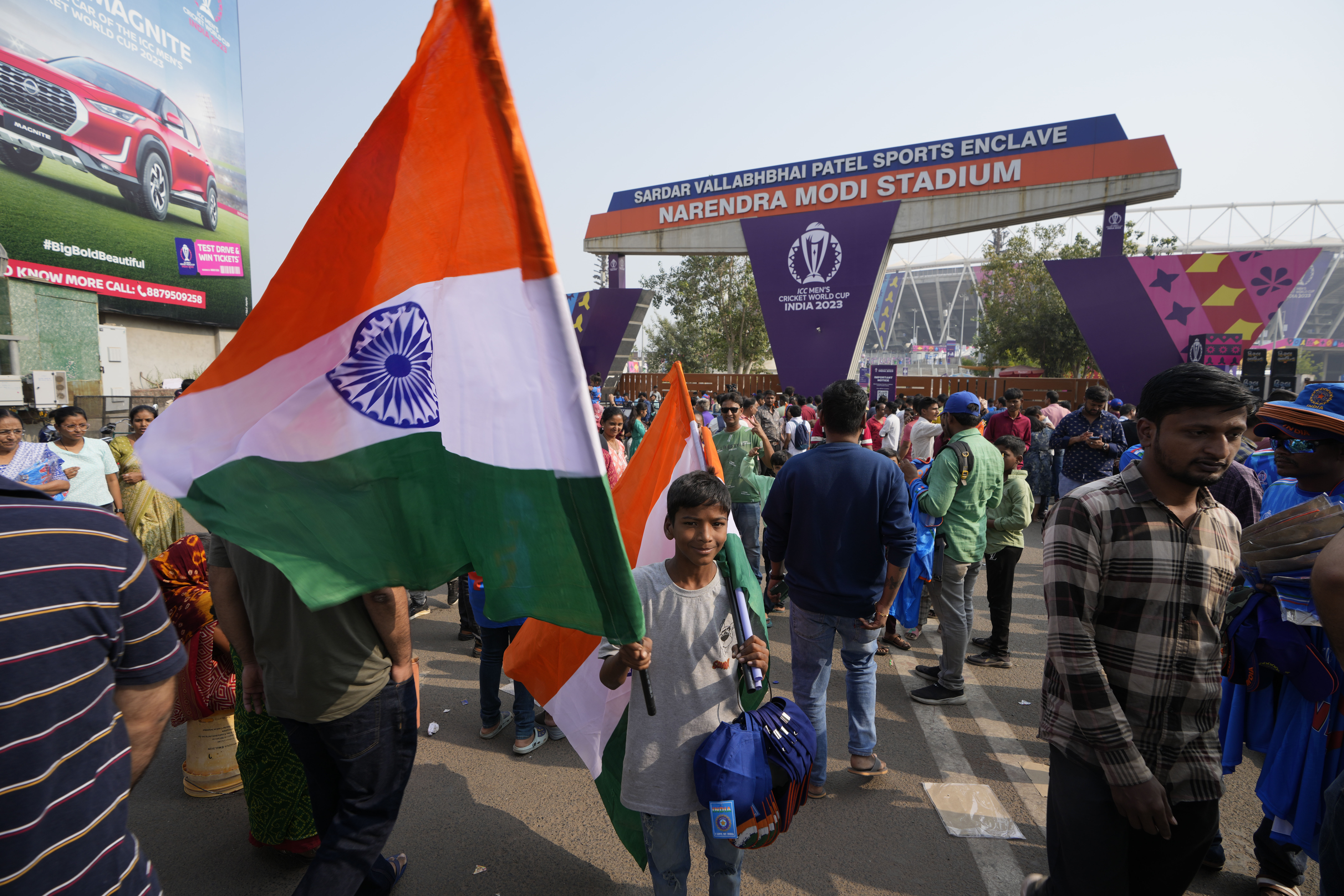 Cricket fans gather outside Narendra Modi stadium