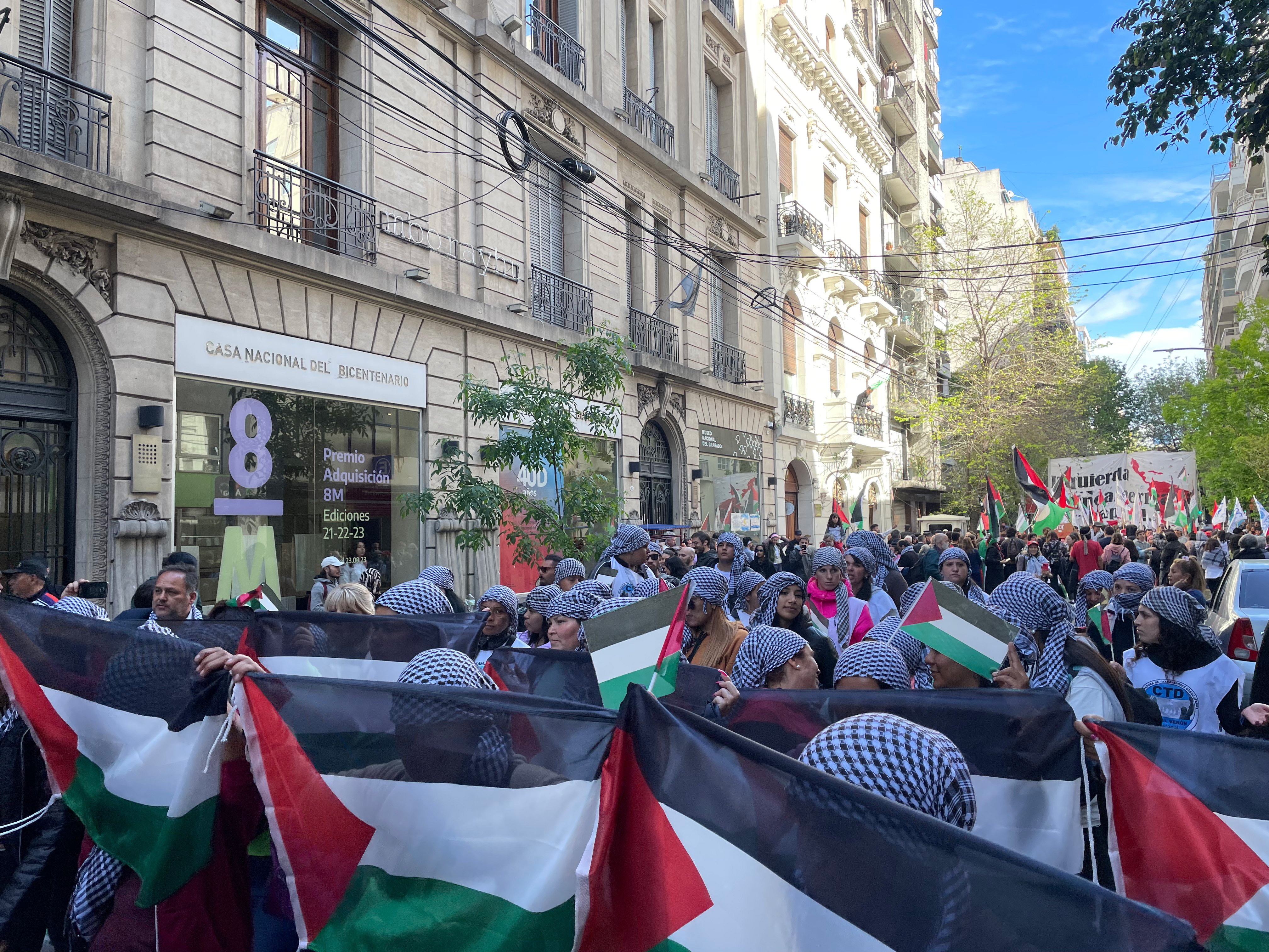 Palestinian flags wave in the streets of Buenos Aires, Argentina, as protesters show their support for the people of Gaza.