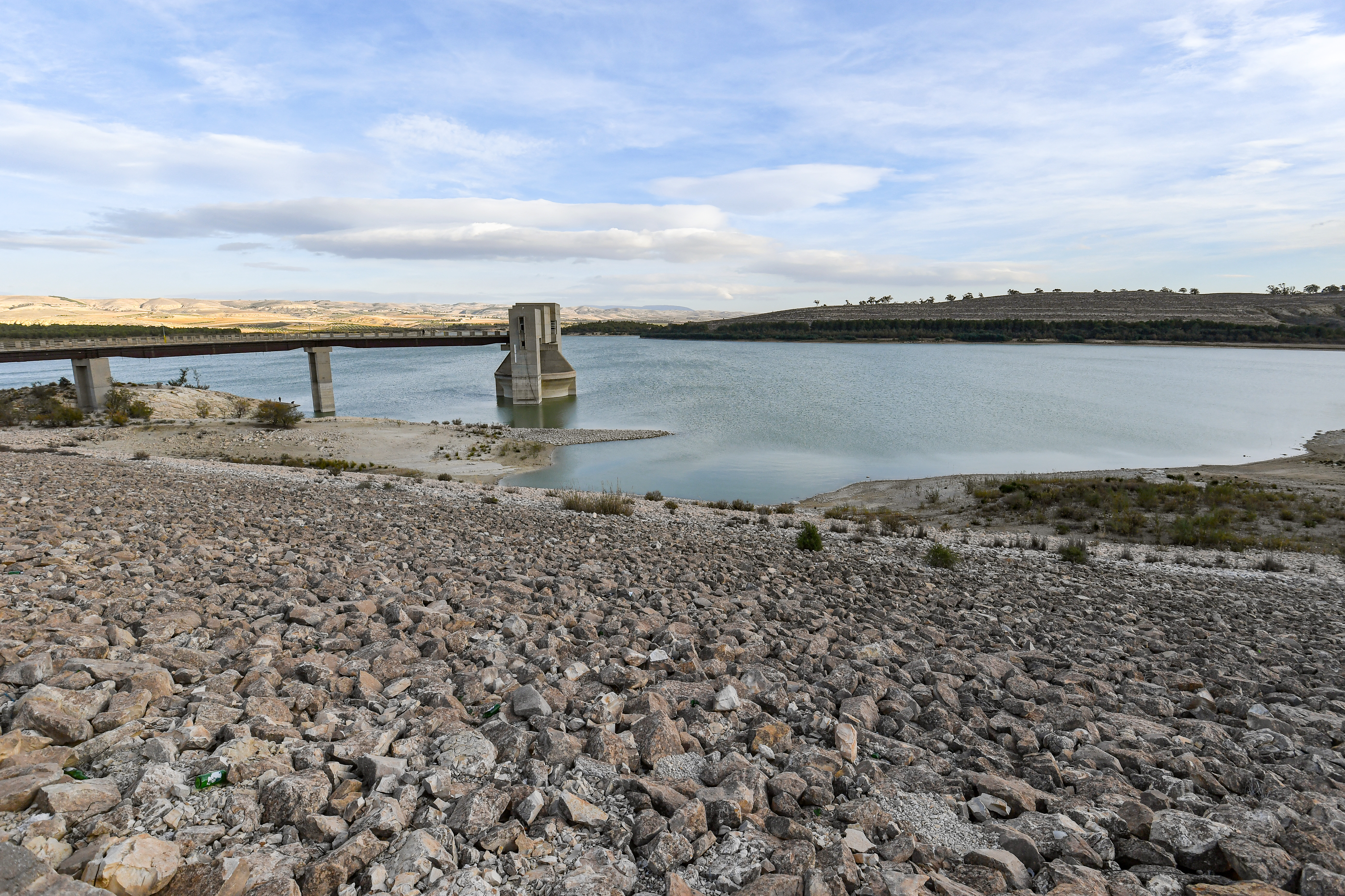 A picture taken on November 28, 2023 shows the Siliana dam lake in northern Tunisia, as the north African country grapples with its worst water scarcity in years while entering its fourth year of drought.