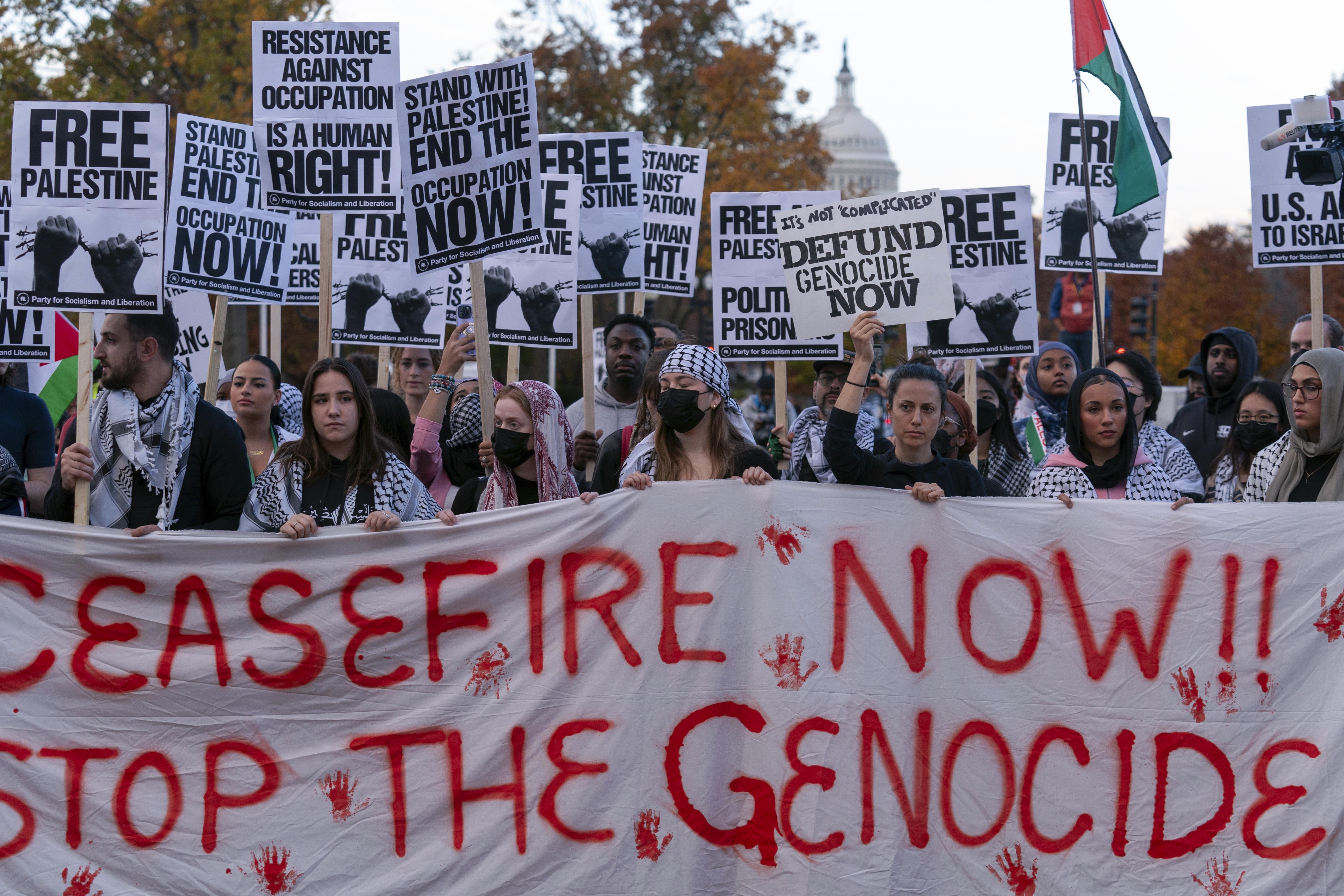 Protesters rally during a pro-Palestinian demonstration asking for a cease fire in Gaza at Union Station in Washington, Friday, Nov. 17, 2023. (AP Photo/Jose Luis Magana)