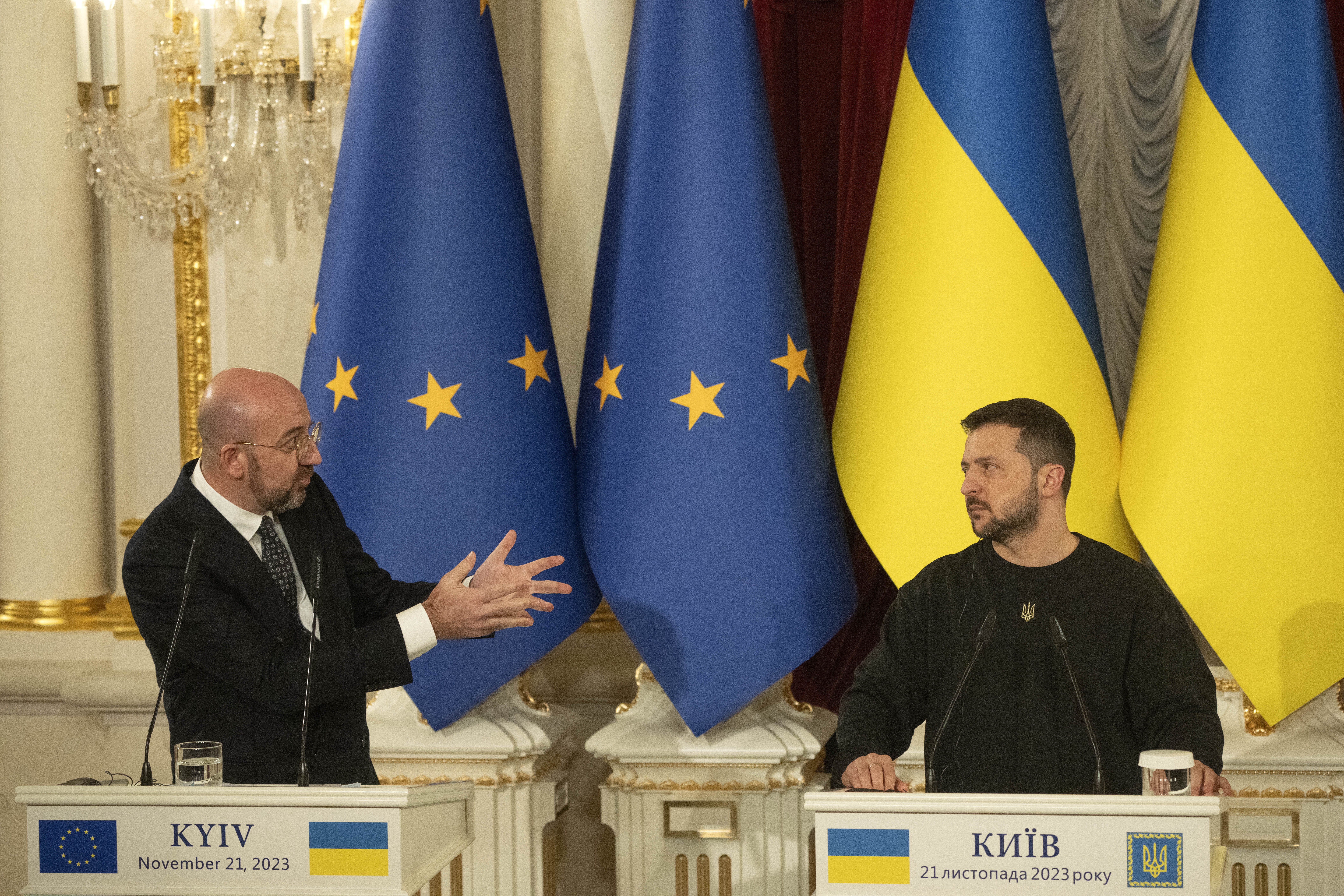European Council President Charles Michel, left, and Ukrainian President Volodymyr Zelenskyy attend a news conference in Kyiv, Ukraine, Tuesday, Nov. 21, 2023. (AP Photo/Efrem Lukatsky)